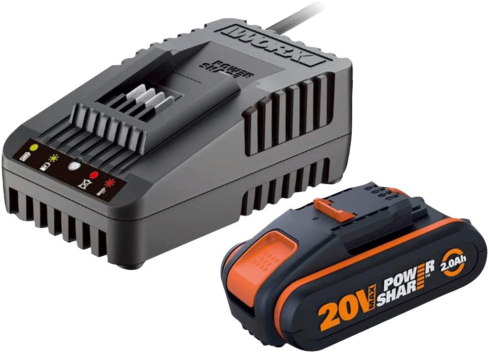 Worx Akku-Set »20V/2Ah,mit 2A Ladegerät PowerShare«, 2000 mAh, für alle 20/40/80V WORX PowerShare Geräte