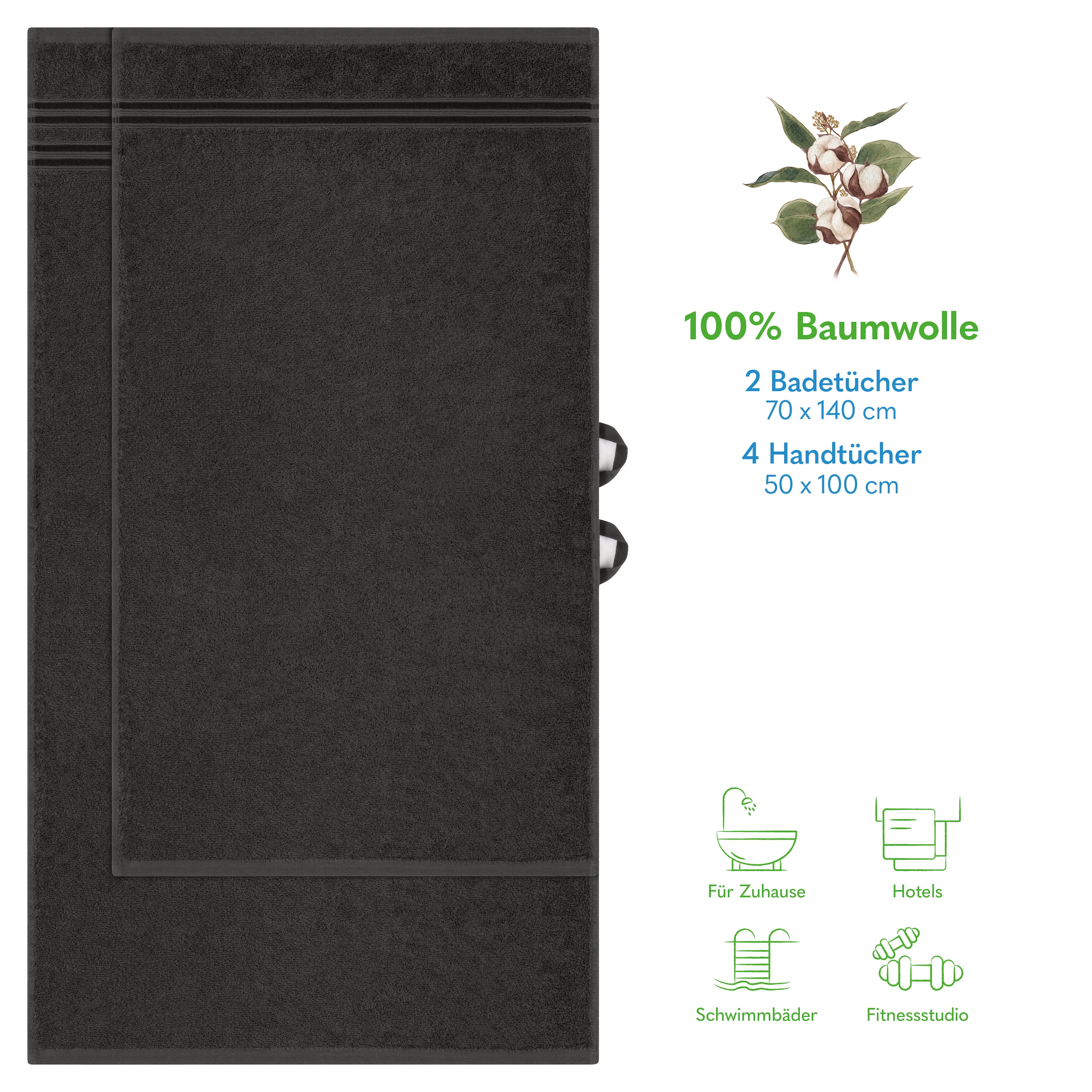 HAMMETEX Handtuch Set »6-teiliges Handtuch Set, 100% Baumwolle, Weich & Saugstark«, Set, 6 tlg., Frottier, mit Bordüre, einfarbig, weich