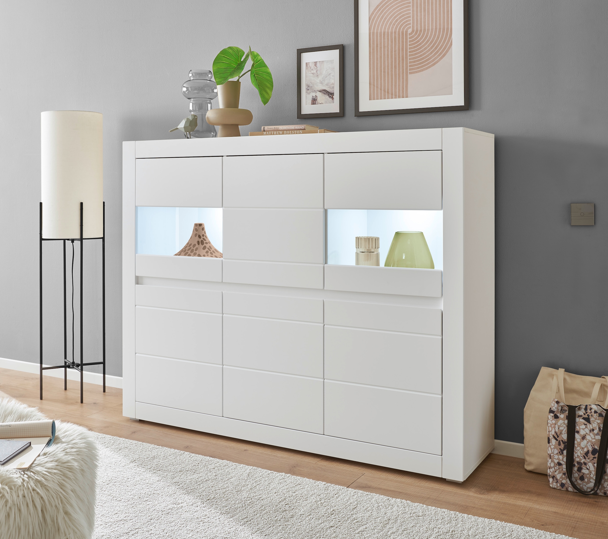 INOSIGN Highboard »Chester, moderne Kommode, Schrank mit Stauraum, Sideboard in Weiß Matt«, (1 St.), austauschbare Blende in Griffleiste, zeitloses Design, 165 cm breit