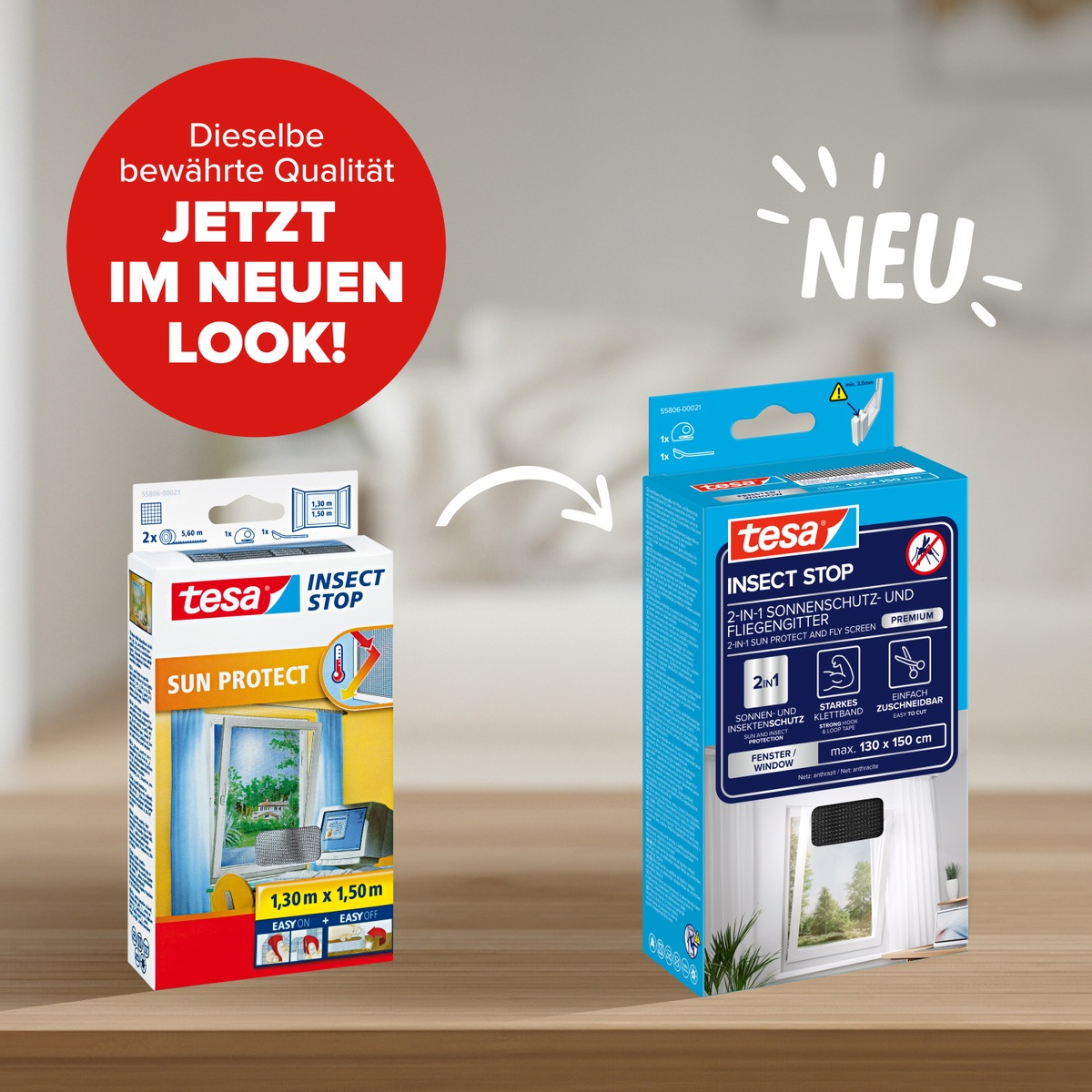 tesa Fliegengitter-Gewebe »2-in-1 Sonnenschutz- und Fliegengitter Premium für Fenster« Packung, Fliegennetz, Klettband, 1 Stk. tlg. INSECT STOP Fliegen Netz ohne Bohren - 130 cm x 150 cm