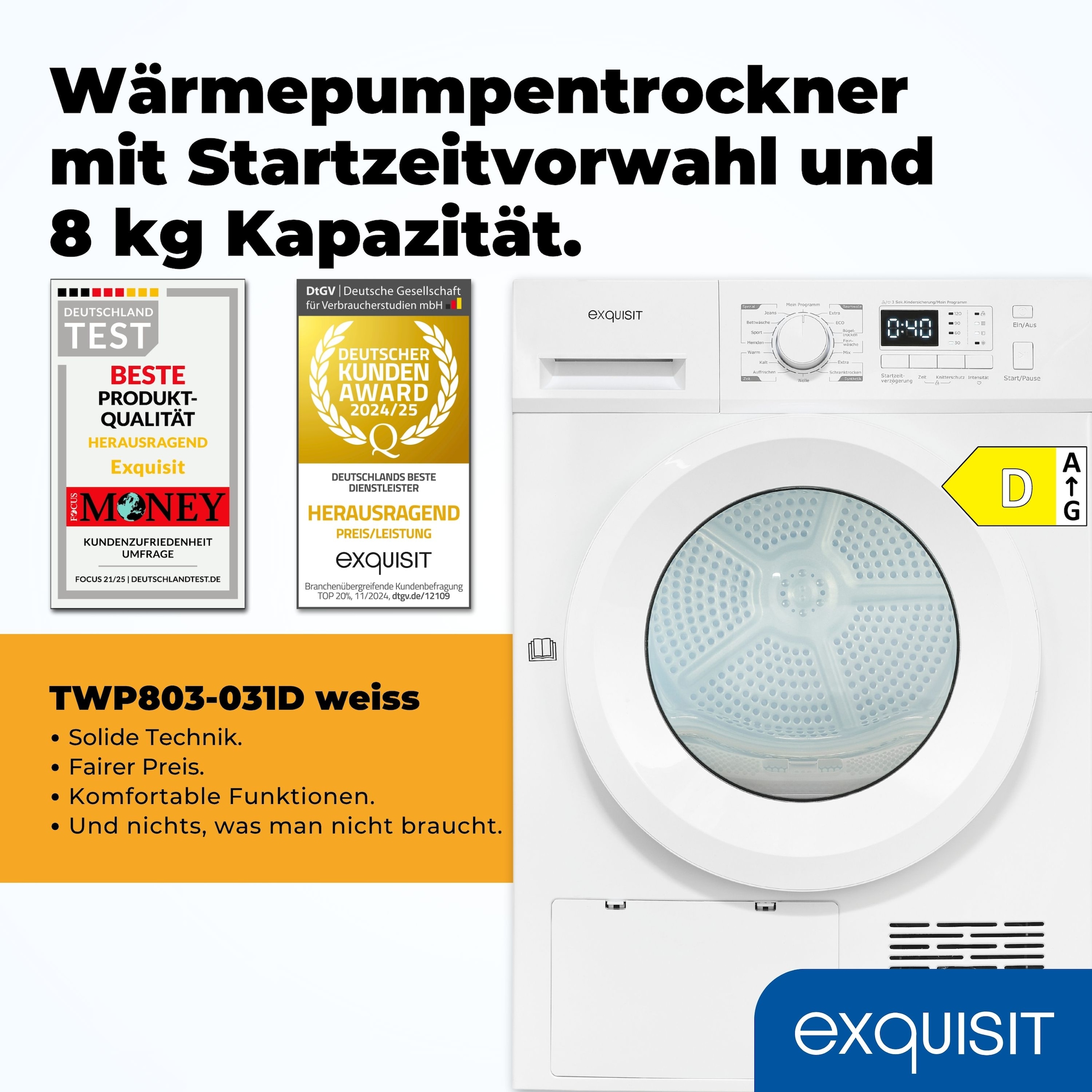 exquisit Wärmepumpentrockner »TWP803-031D weiss«