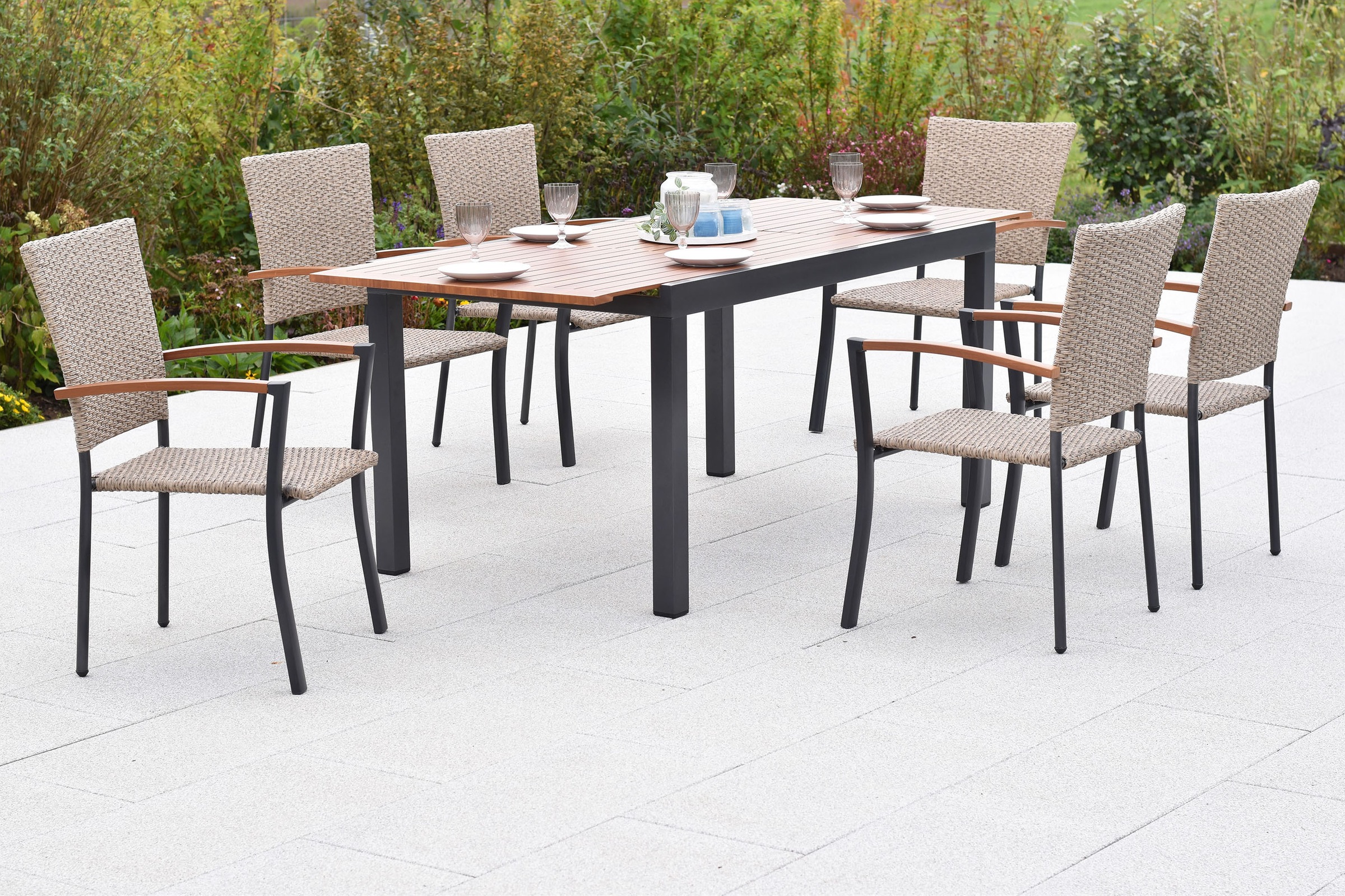 MERXX Garten-Essgruppe »»Teramo««, (Set, 7 tlg.), folierte Applikationen und Tischplatte in Holzoptik