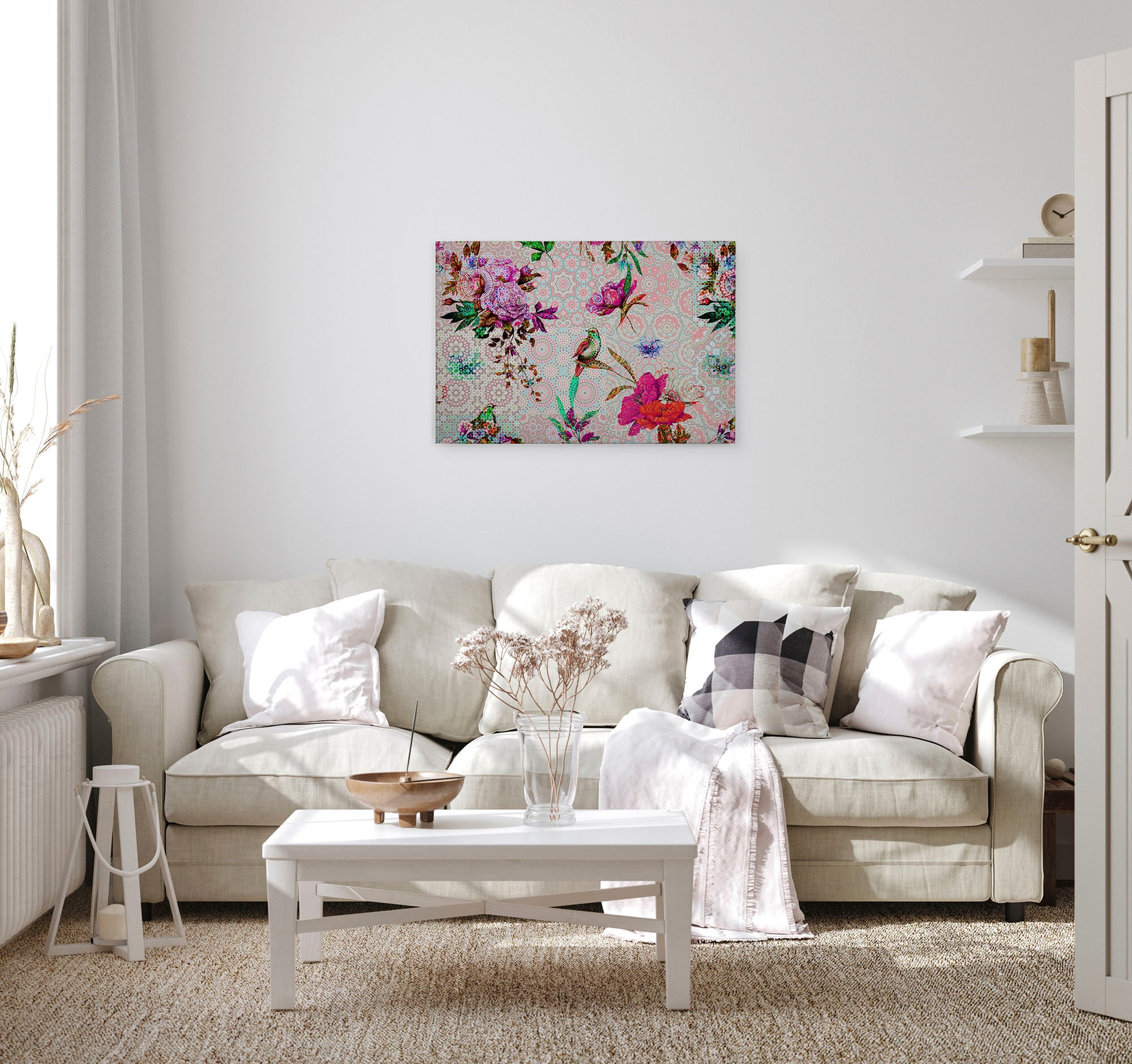 A.S. Création Leinwandbild »mosaic garden«, Kunst-Vögel-Kinder, (1 St.), Mosaik Keilrahmen Floral Blumen Vögel Leinwand-Bild Wohnzimmer modern