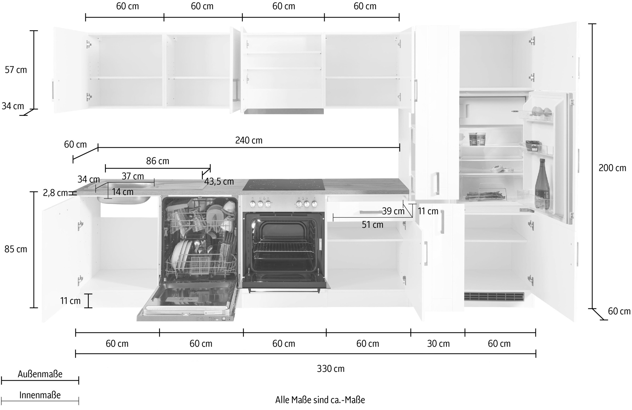 KOCHSTATION Küchenzeile »KS-Tinnum«, mit E-Geräten, Breite 330 cm