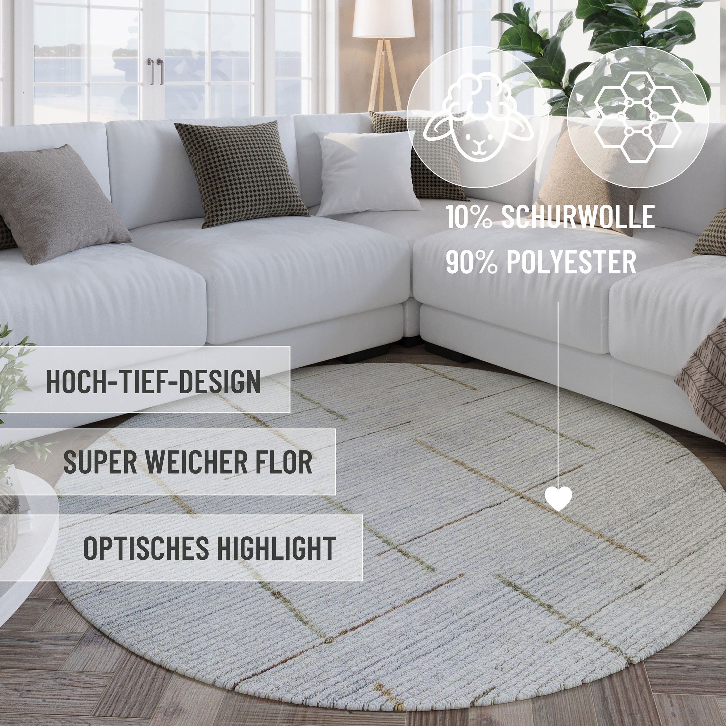 Wecon home Teppich »Hamptons TWENTYTWO«, rund, 10 mm Höhe, Fasermix, Kurzflor, Wohnzimmer, elegant, geometrisches Muster