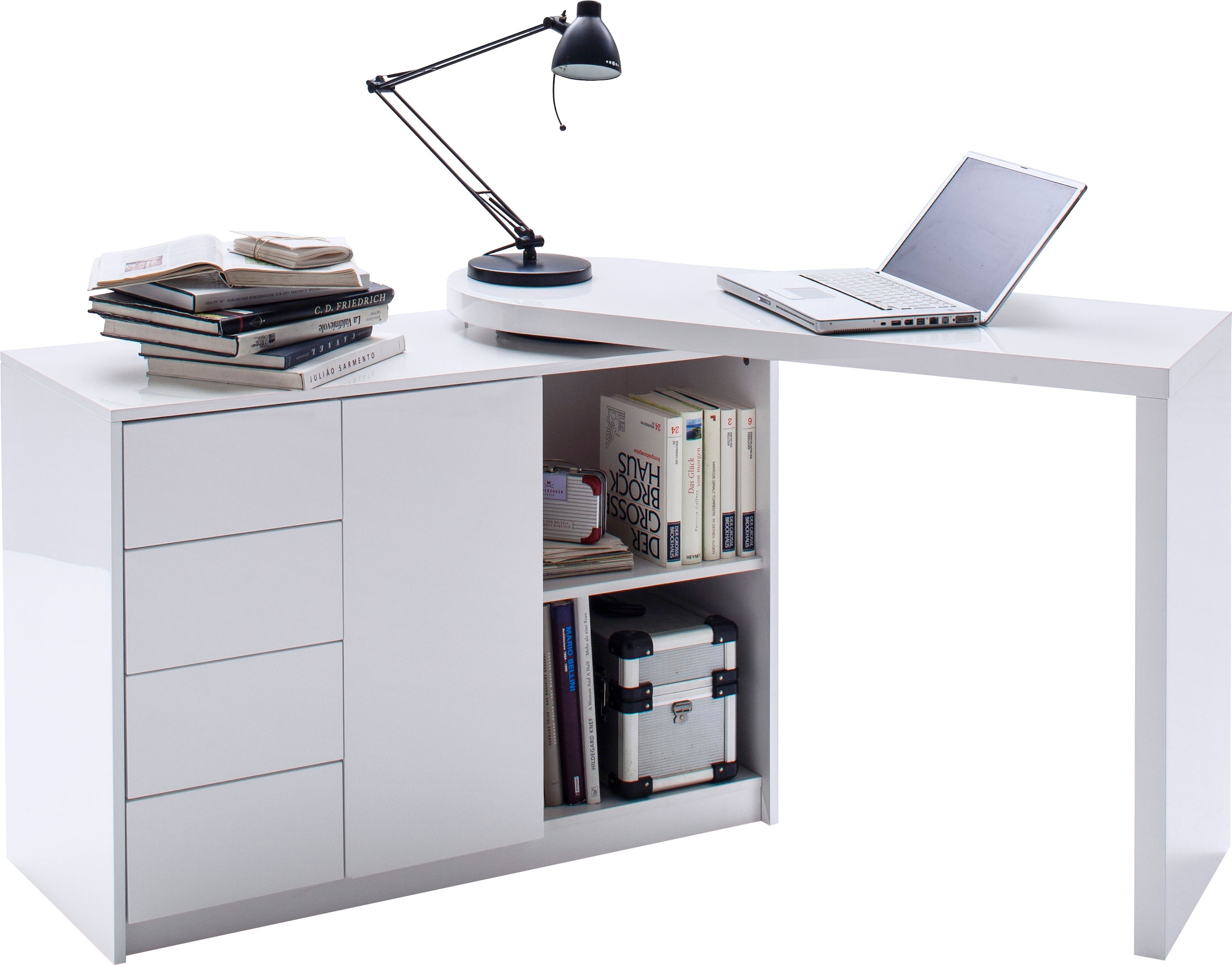 MCA furniture Schreibtisch »Matt«, Weiß Hochglanz mit Regalschrank, Tischplatte Schwenkbar