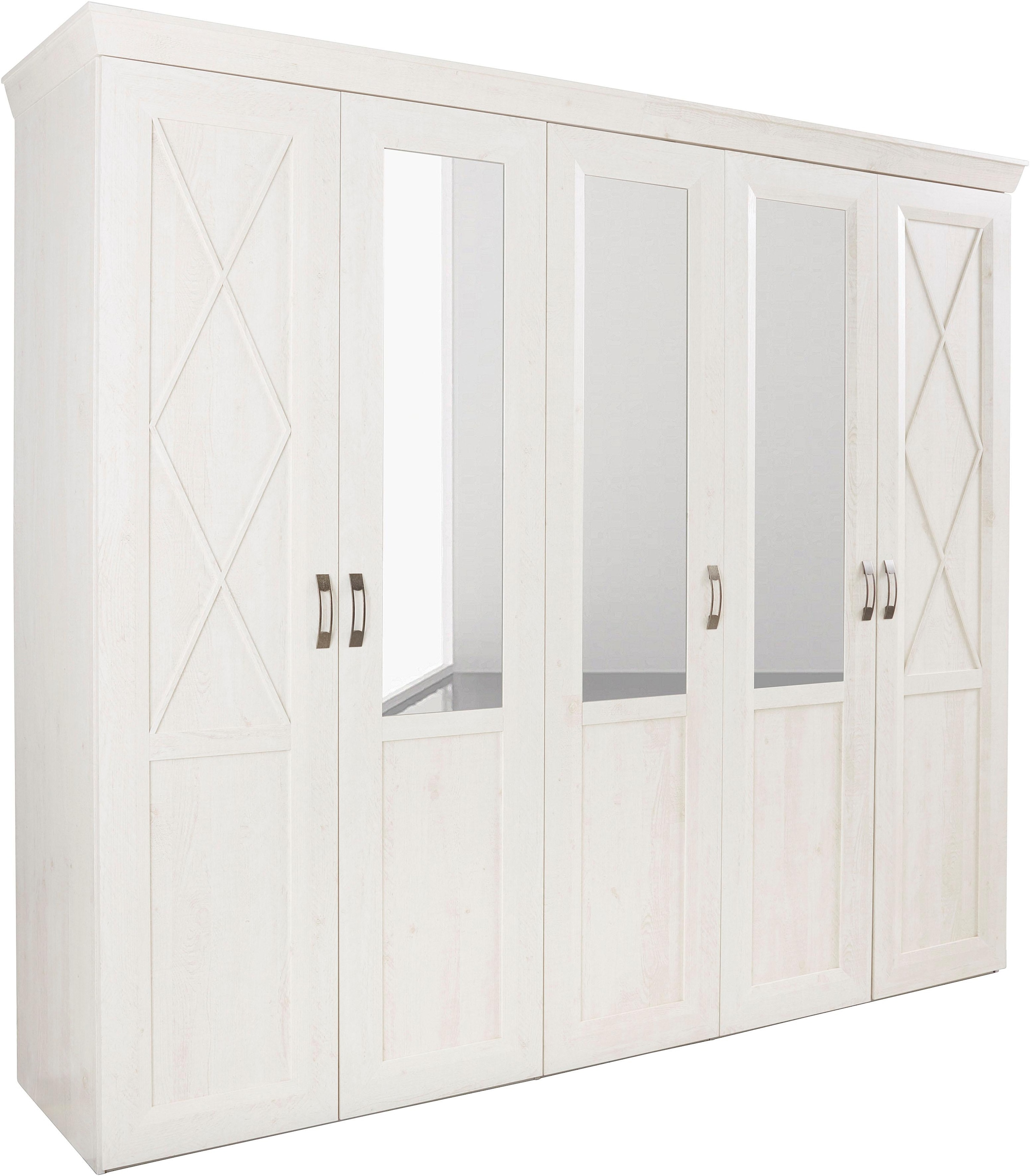 FORTE Drehtürenschrank »Kashmir, TOPSELLER, im klassischem Landhausstil, Made in Europe«, (Maße (B/T/H): 255/63/221 cm), mit Spiegel und dekorativen Fräsungen und Elementen