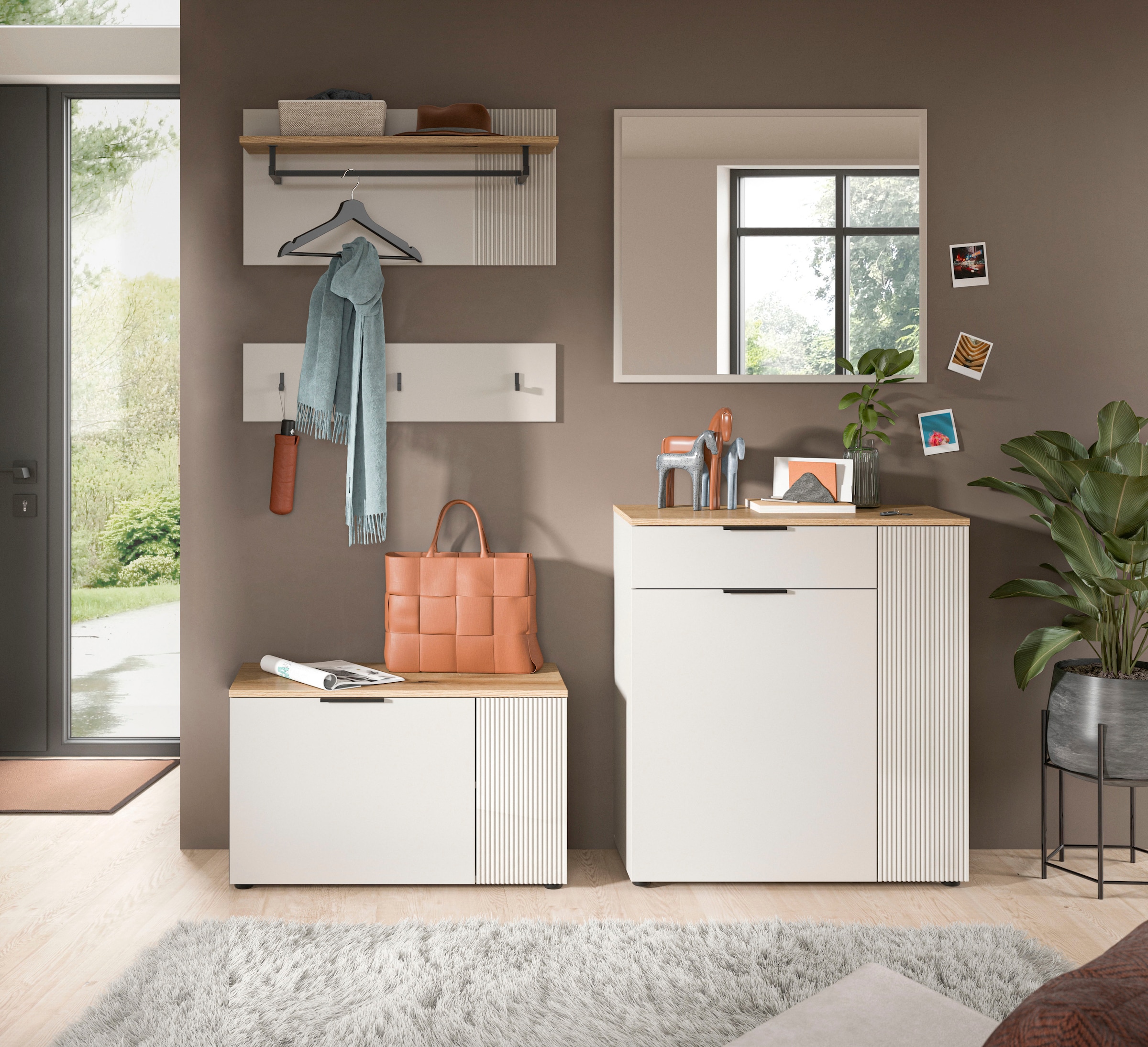 INOSIGN Garderoben-Set »EDIL, Breite 175 cm, 5-teilig, Front mit hochwertiger Längstfräsung« Set, best. aus: Sitzbank, Paneel, Hakenleiste, Kommode & Spiegel, 4 Stk. tlg.