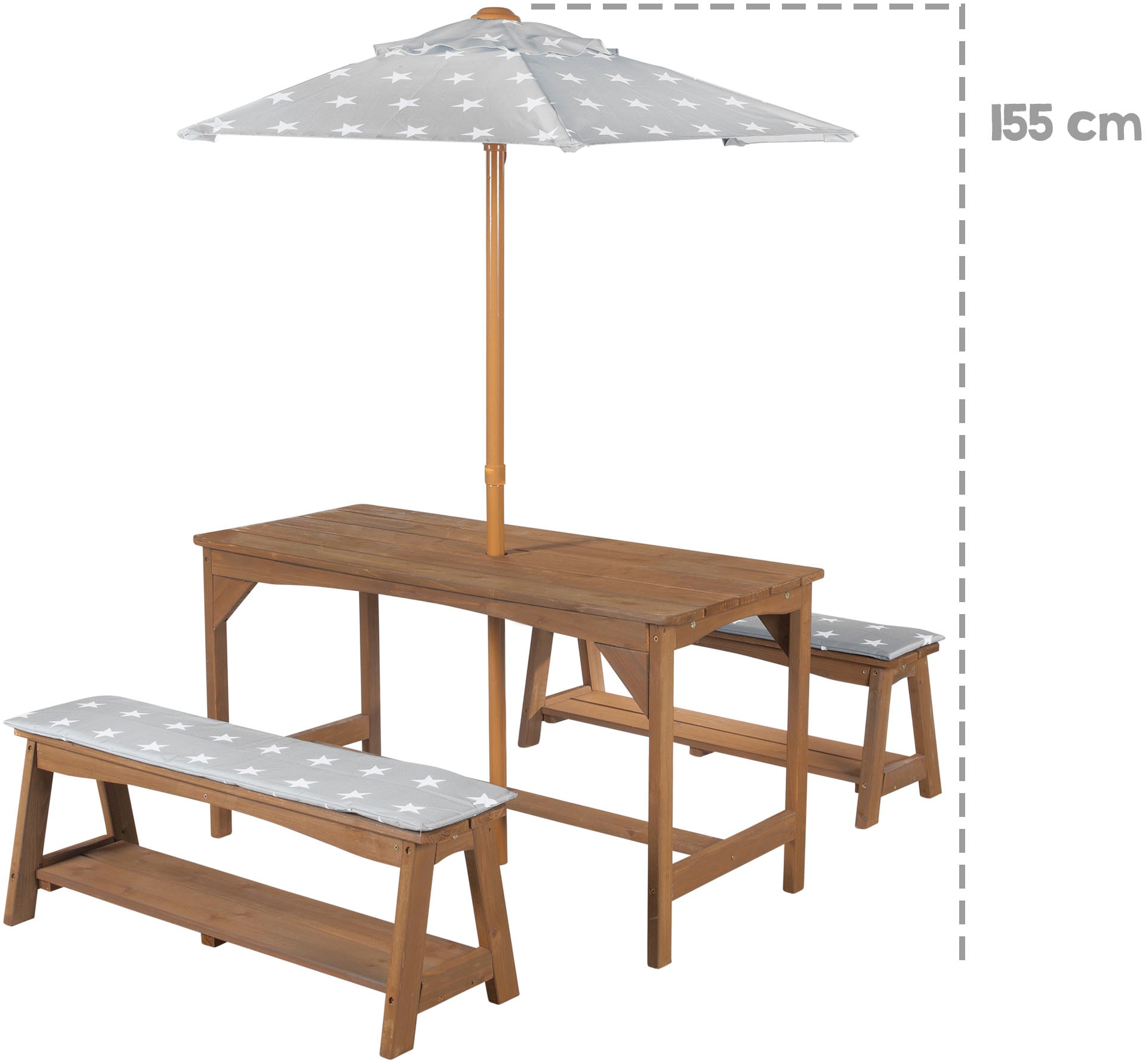 roba® Garten-Kindersitzgruppe »Outdoor+«, (Set, 3 tlg.), Tisch und 2 Bänke mit Sitzauflage, Schirmset