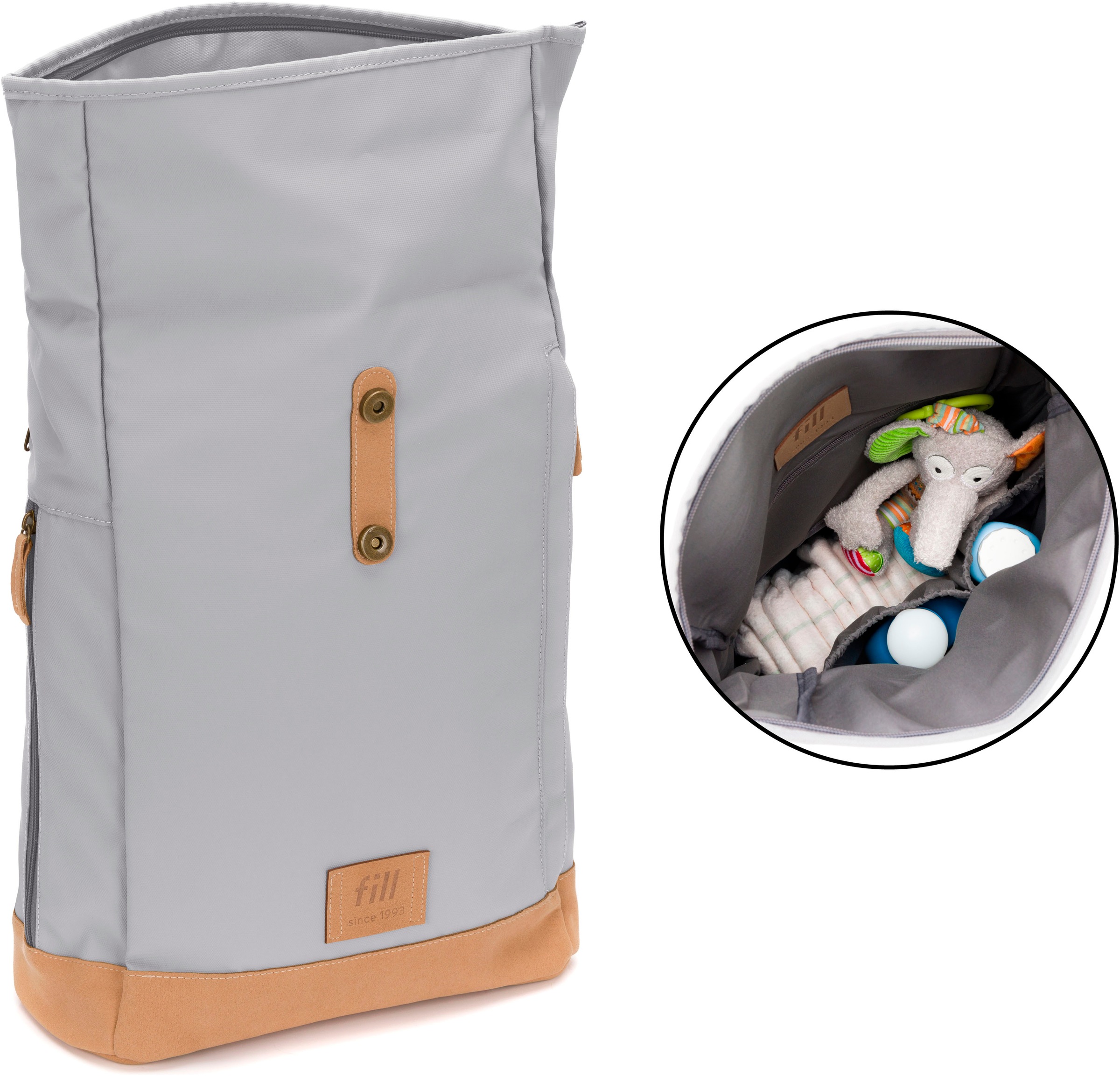 Fillikid Wickelrucksack »Rolltop Berlin grau«, Reflektoren, inkl. Wickeltunterlage