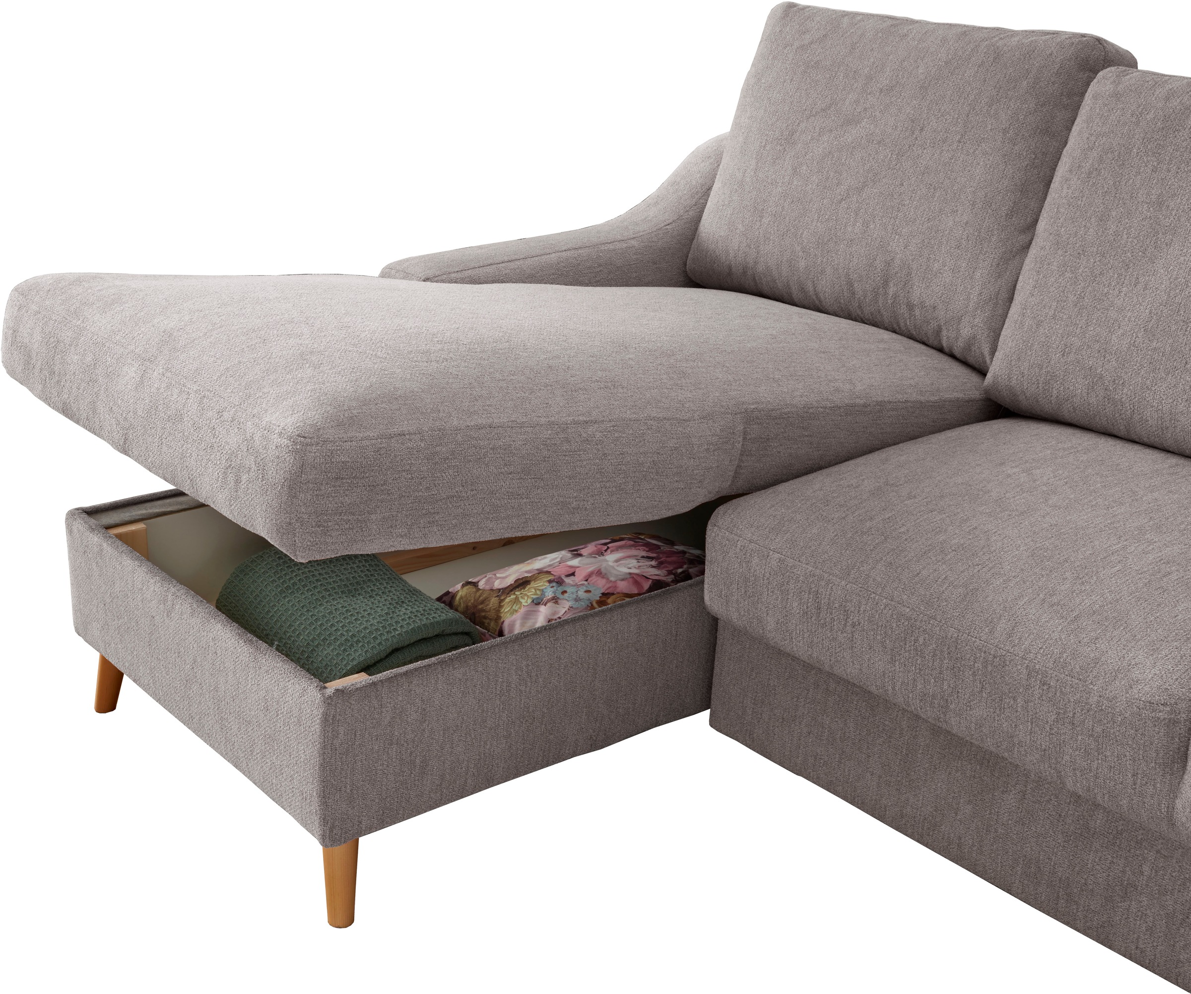 INOSIGN Ecksofa »Valentina L-Form«, 2 Zierkissen, mit Seitentasche, ausziehbarer Liegefläche, Bettkasten