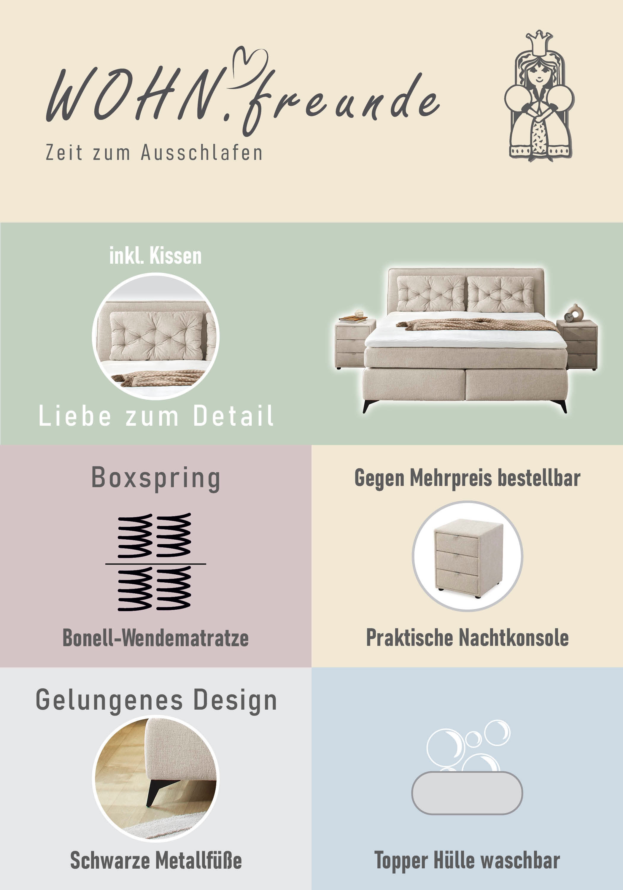 Jockenhöfer Gruppe Boxspringbett »Chalet, inklusive Kissen«, Wende-Bonell-Federkern-Matratze (H2/H3), PU-Schaum Topper
