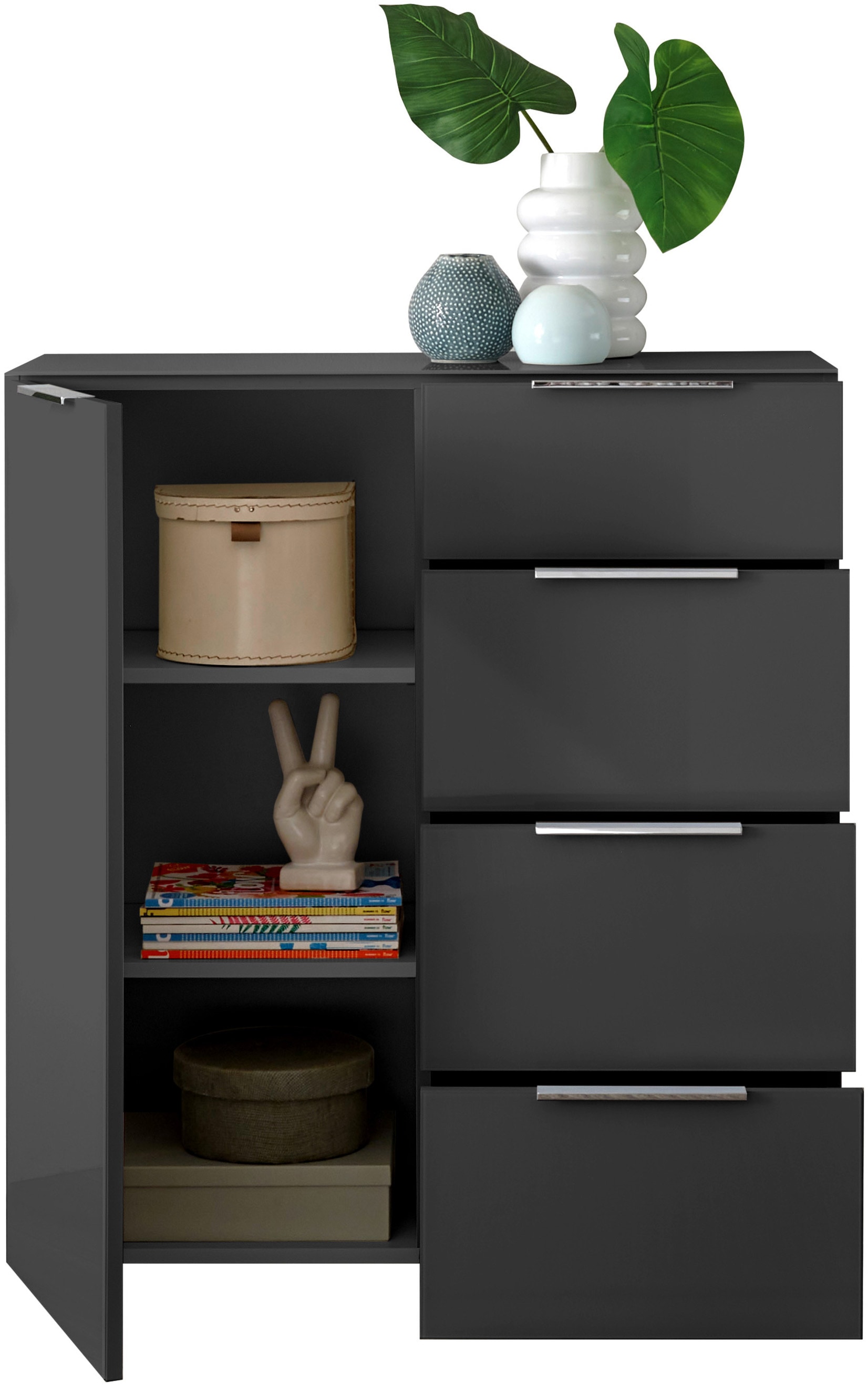 HBZ Sideboard »Santorin Mehrzweckschrank-Universalschrank, BxHxT 90x99x40 cm« 1 Stk. tlg. Mit 1 Tür und 4 Schubkästen mit Softclose, Glasfront und Glasoberboden