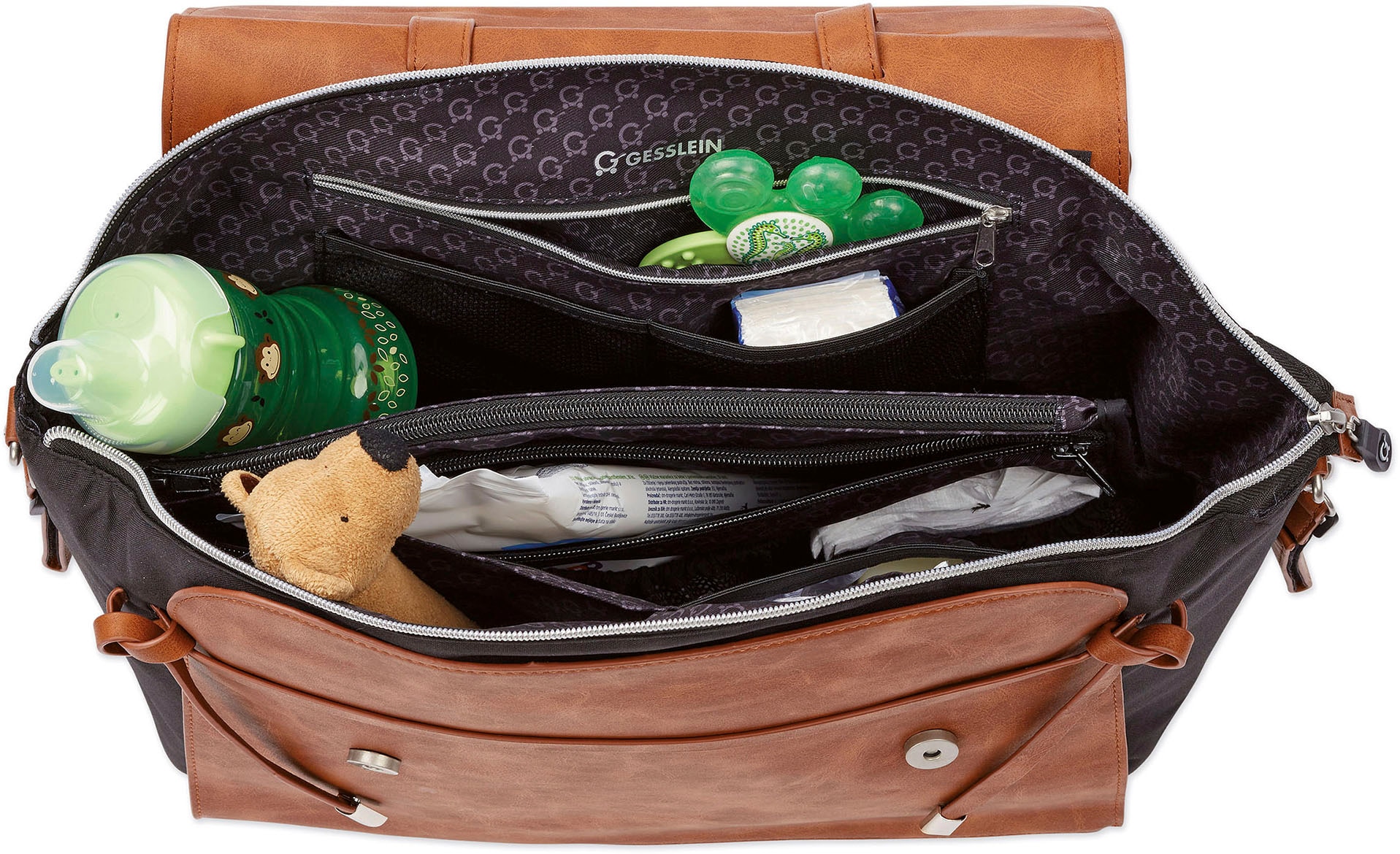 Gesslein Wickeltasche »N°4 cognac, schiefergrau«, mit Wickelauflage und Flaschenhalter, Made in Germany