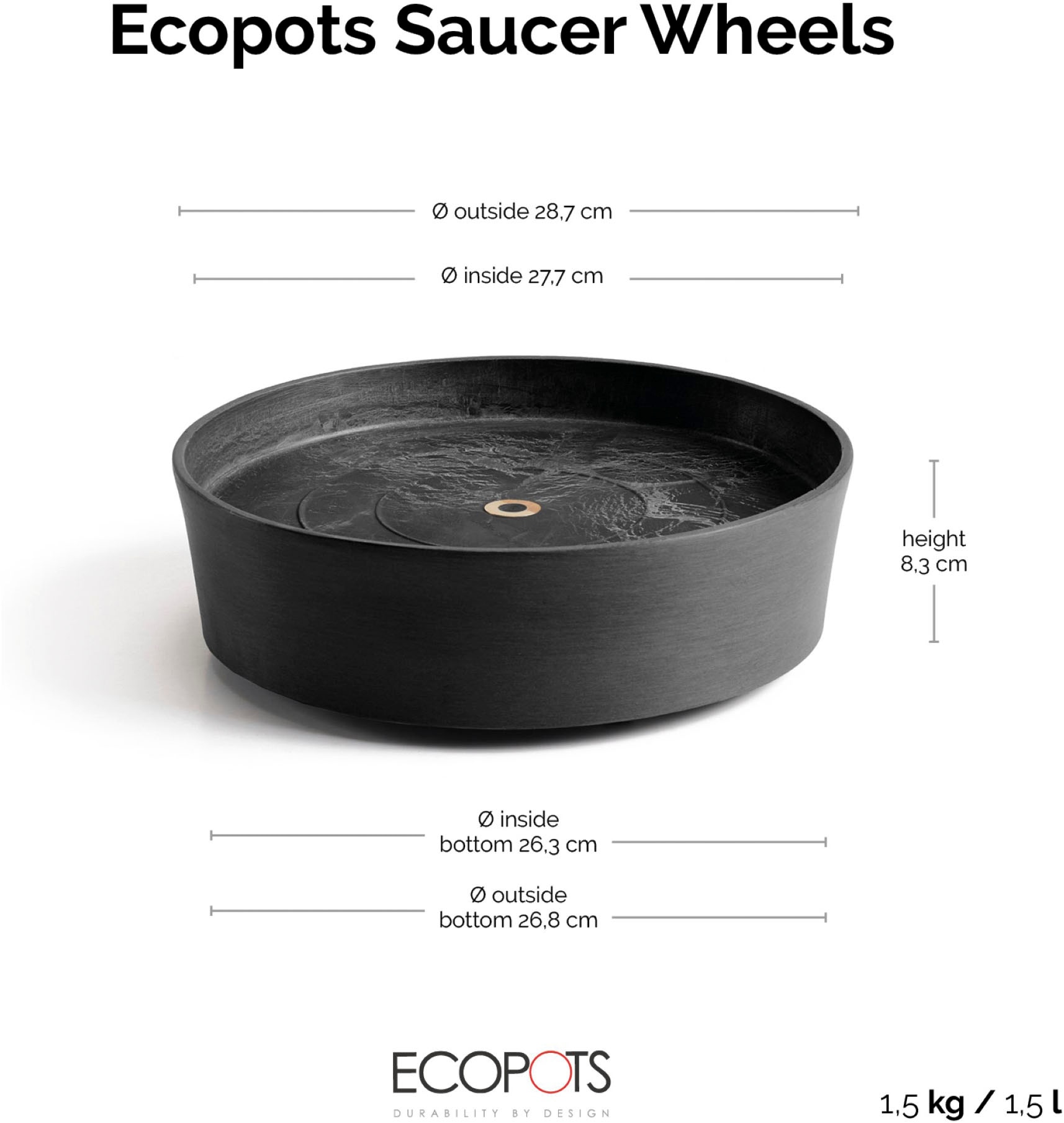 ECOPOTS Blumentopfuntersetzer »SAUCER WHEELS Dark Grey« BxTxH: 28,7x28,7x8,3 cm