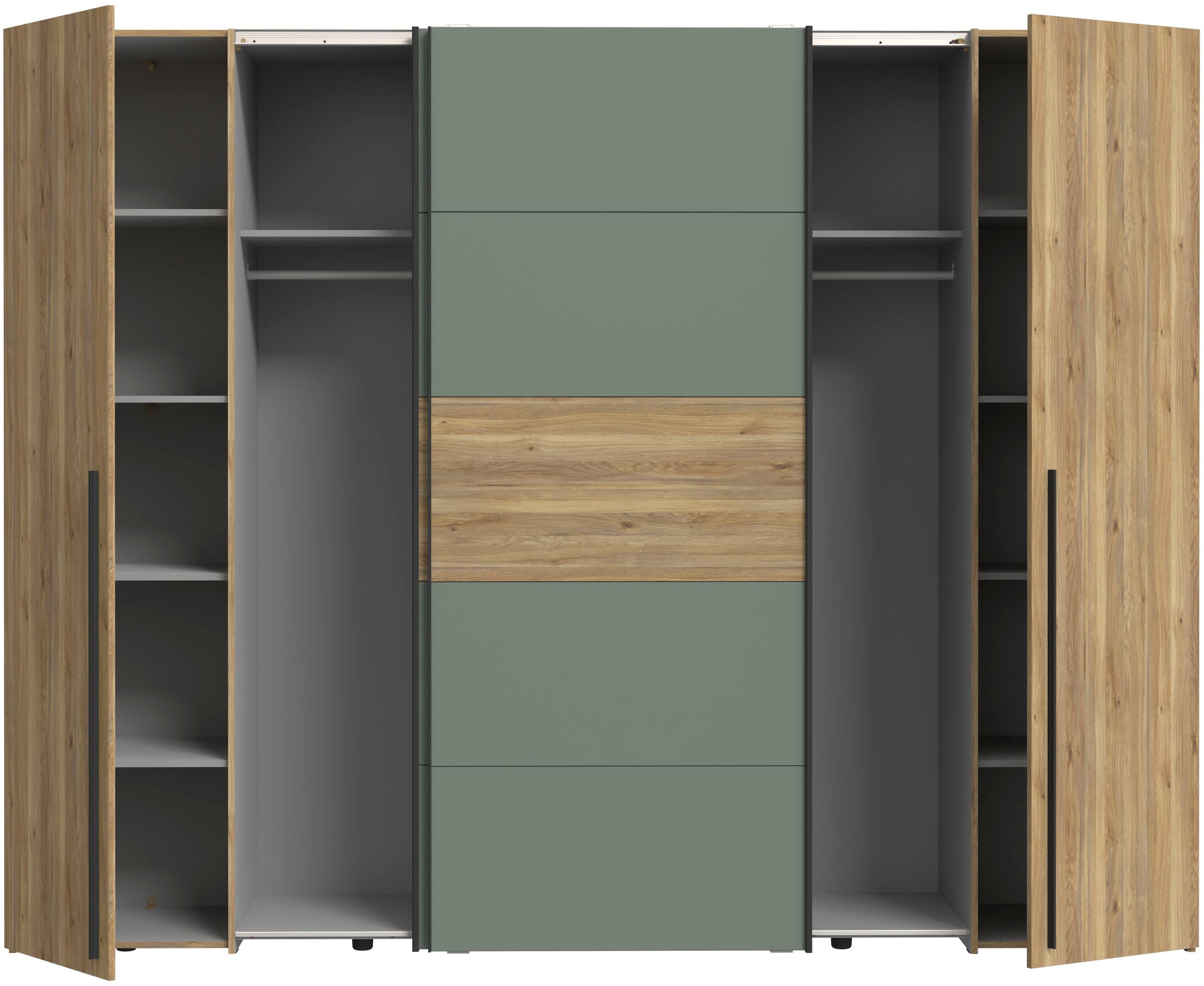 FORTE Dreh-/Schwebetürenschrank »Narago, TOPSELLER, Made in Europe, zeitloses Design«, (B/H/T ca. 270x210X61cm, Farbe Weiß auch mit Spiegeln erhältlich), viele Einlegeböden teilweise variabel einsetzbar, maximaler Stauraum