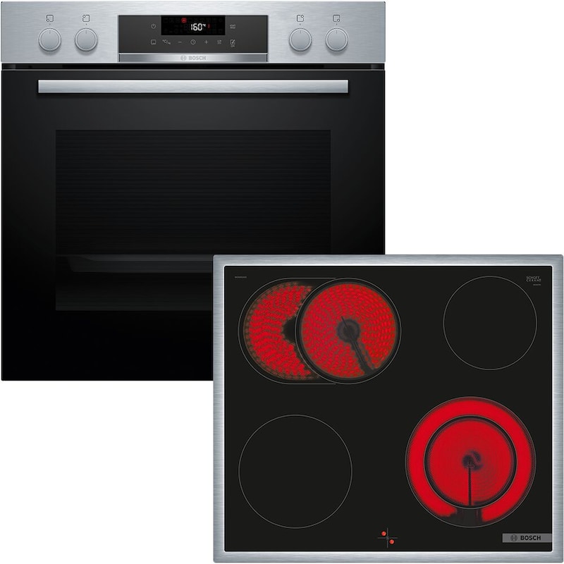BOSCH Elektro-Herd-Set »HND271AS64« Pyrolyse-Selbstreinigung 3D Heißluft Edelstahl, Schwarz Display: LED-TouchControl