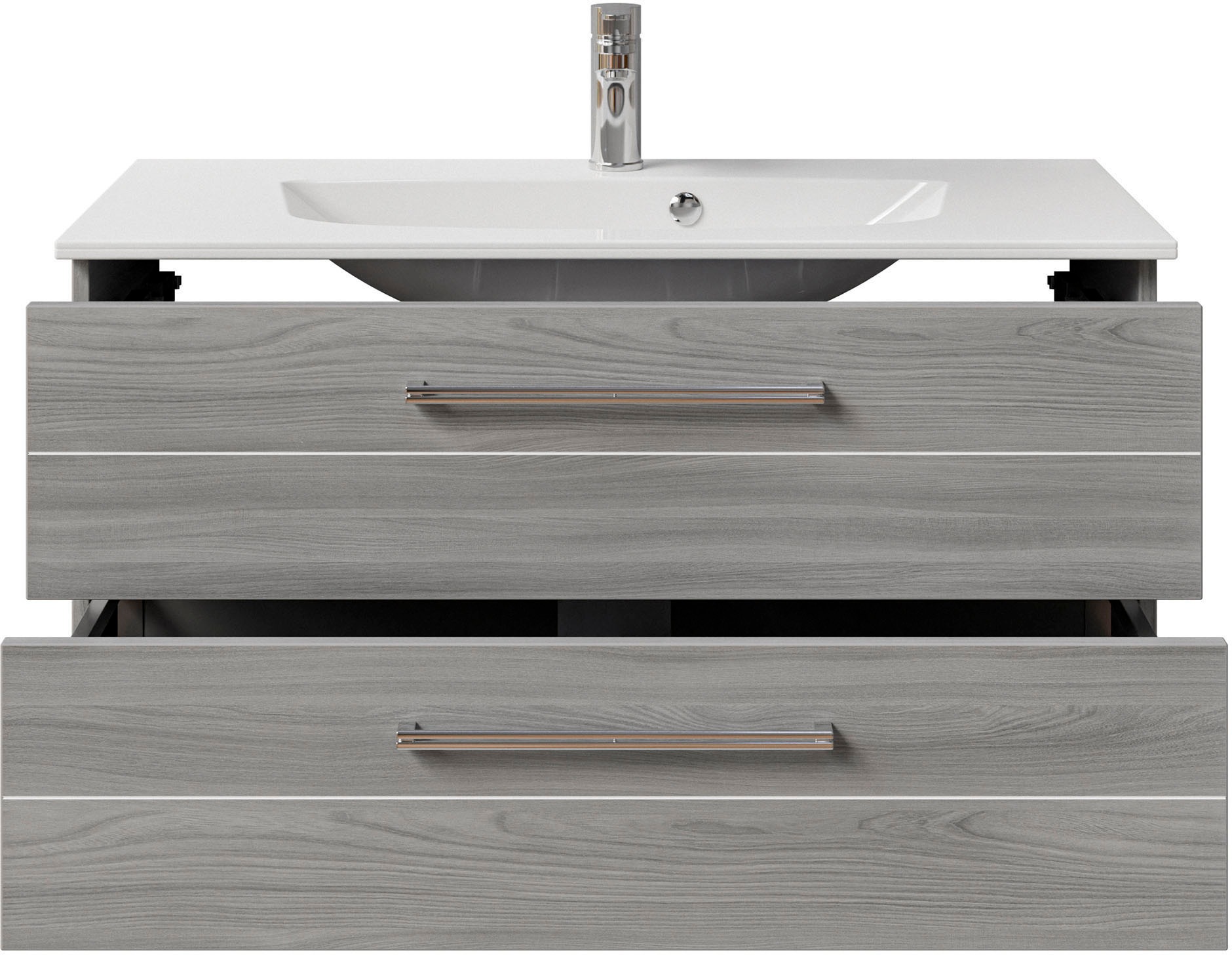 Saphir Badmöbel-Set »Serie 6025 2-teilig Mineralmarmor-Waschtisch mit LED-Spiegelschrank«, (2 St.), Waschplatz 97 cm breit, 2 Schubladen, 3 Spiegel-Türen, inkl Türdämpfer