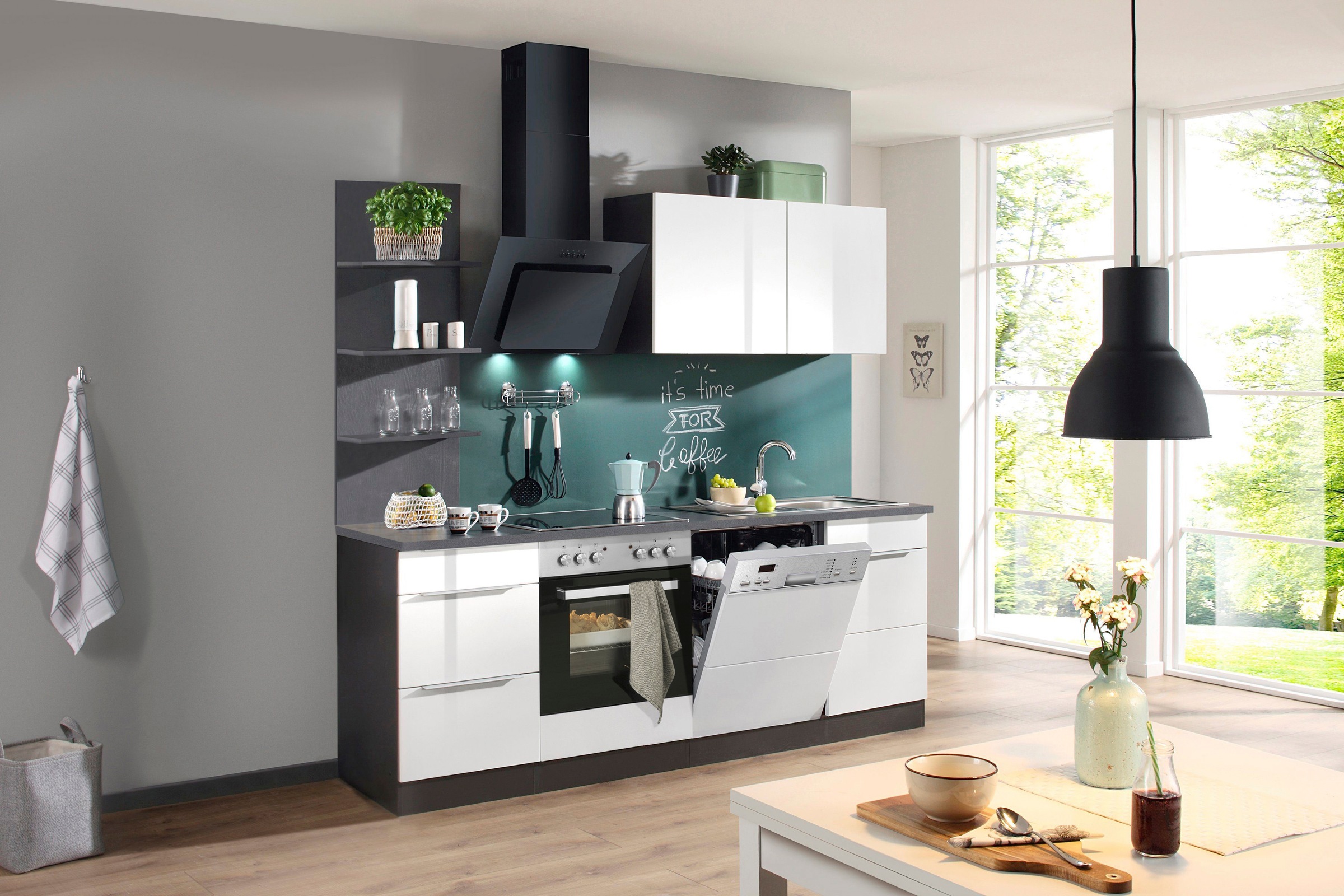 KOCHSTATION Küchenzeile »KS-Brindisi«, Breite 220 cm, wahlweise mit E-Geräten, mit MDF-Fronten und Regal