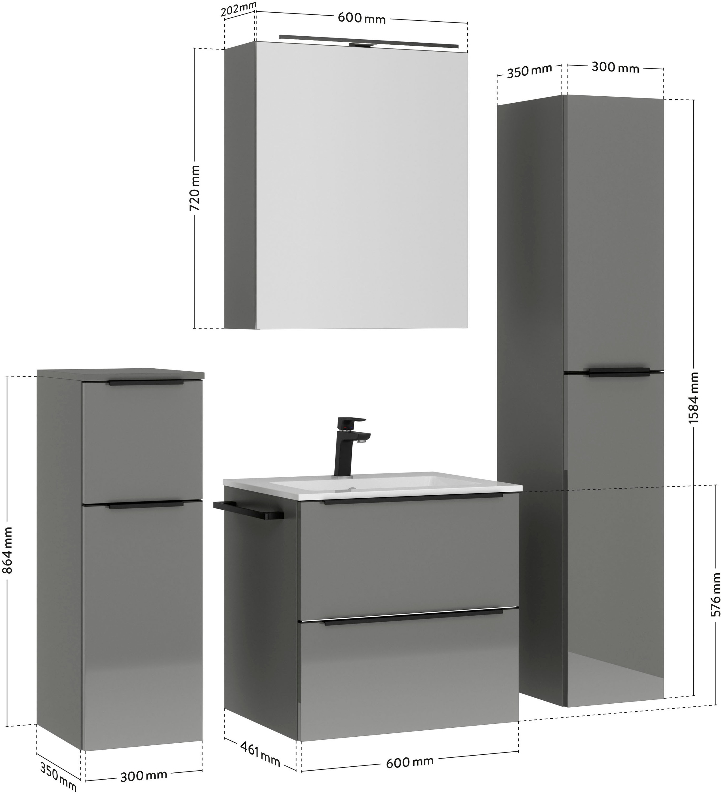 nobilia® Badmöbel-Set »Levere«, (4 St., vormontiert, mit Soft-Close), inkl. Spiegelschrank mit Beleuchtung und Dimmerfunktion, in 4 Breiten