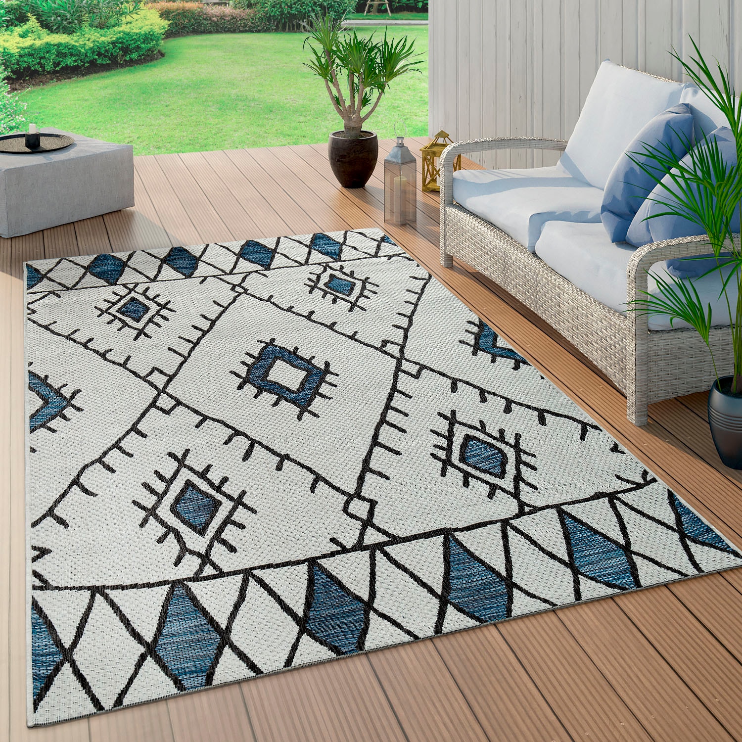 Paco Home Teppich »Kuba 124«, rechteckig, 4 mm Höhe, Flachgewebe, Rauten Design, In- und Outdoor geeignet, Wohnzimmer