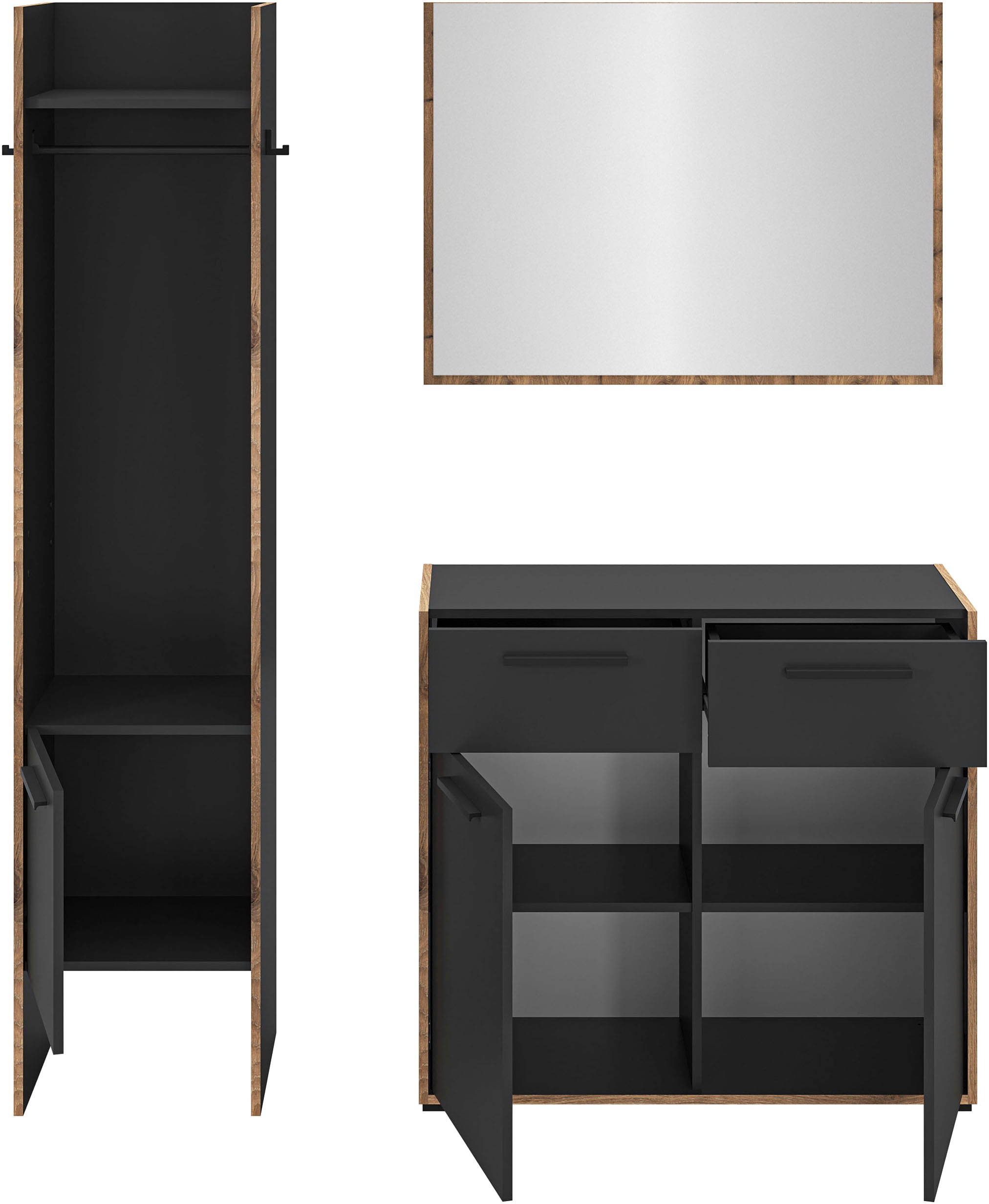 INOSIGN Garderoben-Set »MUSTA, 3-teilig: Garderobenschrank, Kommode & Garderobenspiegel«, Kombination, Kompaktgarderobe, Garderobenkombination, Garderobe
