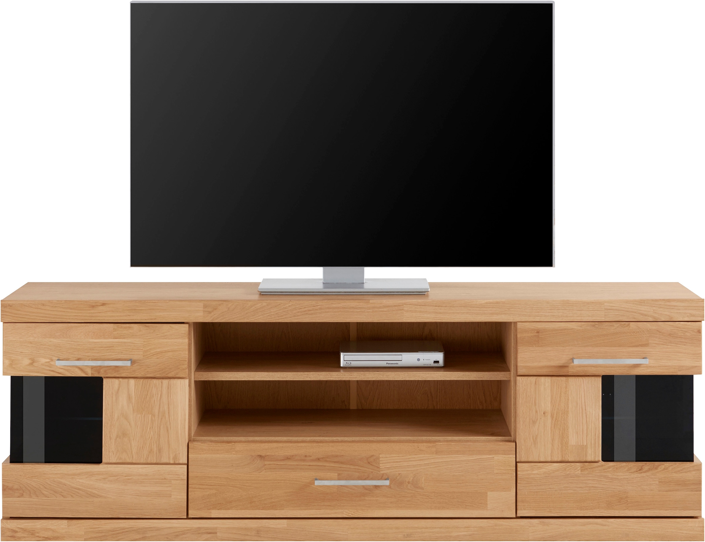 Home affaire Lowboard »Ribe,160cm breit, Fronten Massivholz,6 Fächer,Kabeldurchführung«, Korpus Holzwerkstoff,Glaseinsatz aus gehärtetem Glas,Böden versetzbar