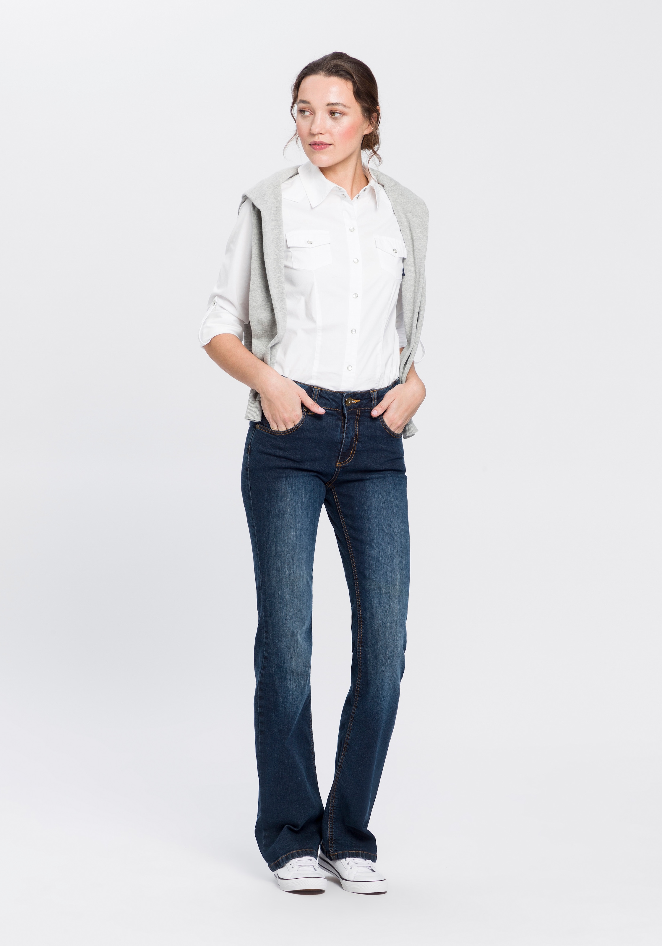 Arizona Bootcut-Jeans »Bund mit seitlichem Gummizugeinsatz«, High Waist