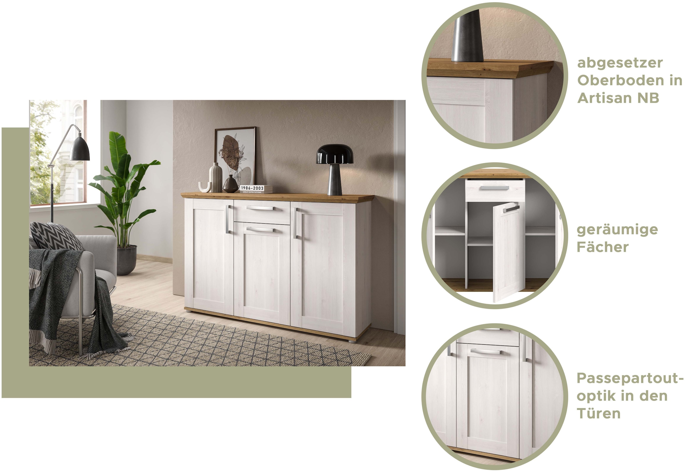 Home affaire Kommode »COSENZA, TOPSELLER!, Breite 95 cm, 2 Türen, 2 Einlegeböden, 3 Fächer«, in Landhausoptik, Anrichte, Schrank, Sideboard