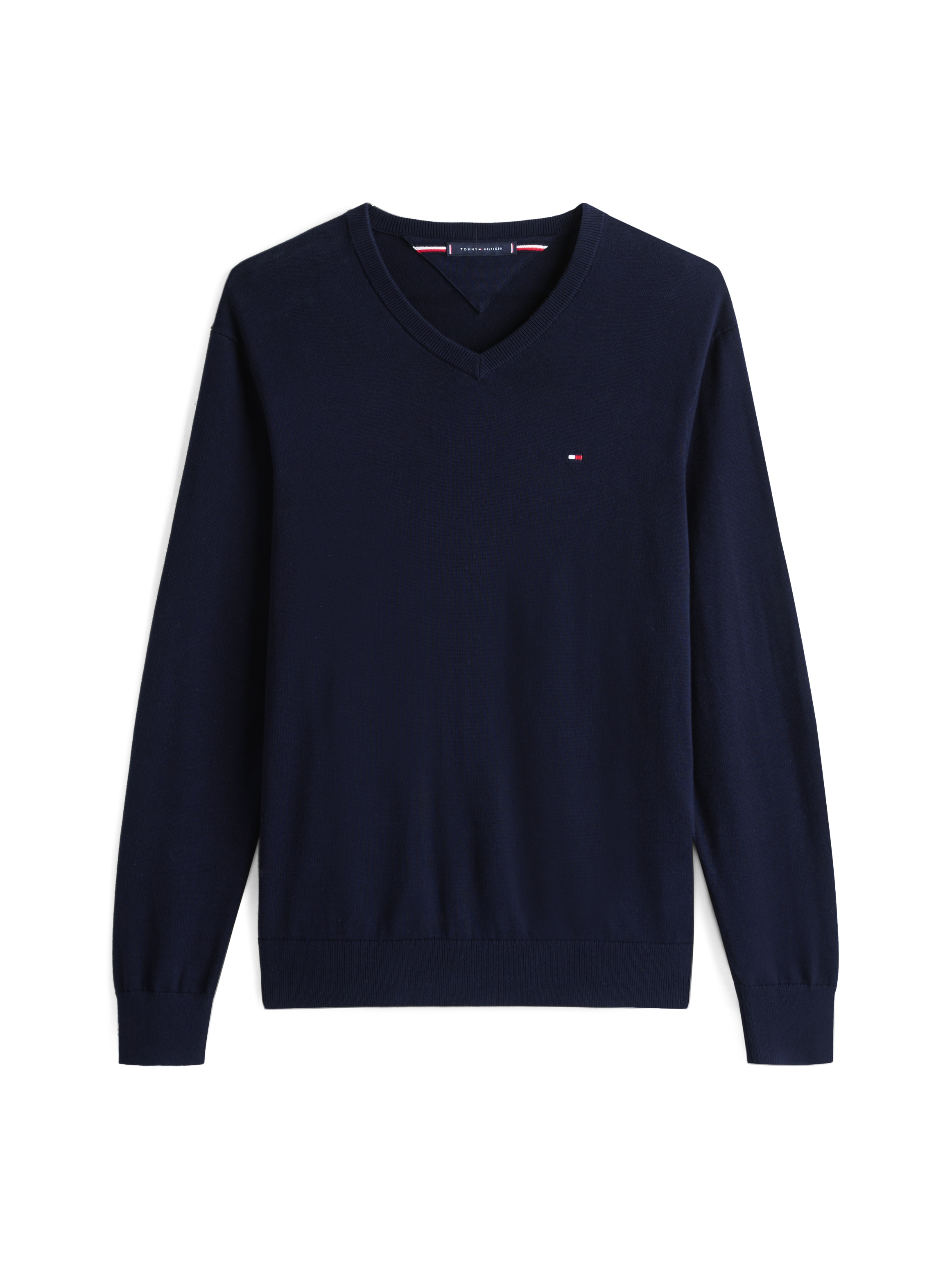Tommy Hilfiger Strickpullover »ESSENTIAL COTTON V NECK mit V-Ausschnitt und Stickerei« unifarben, casual, regular fit, Baumwolle, V-Ausschnitt