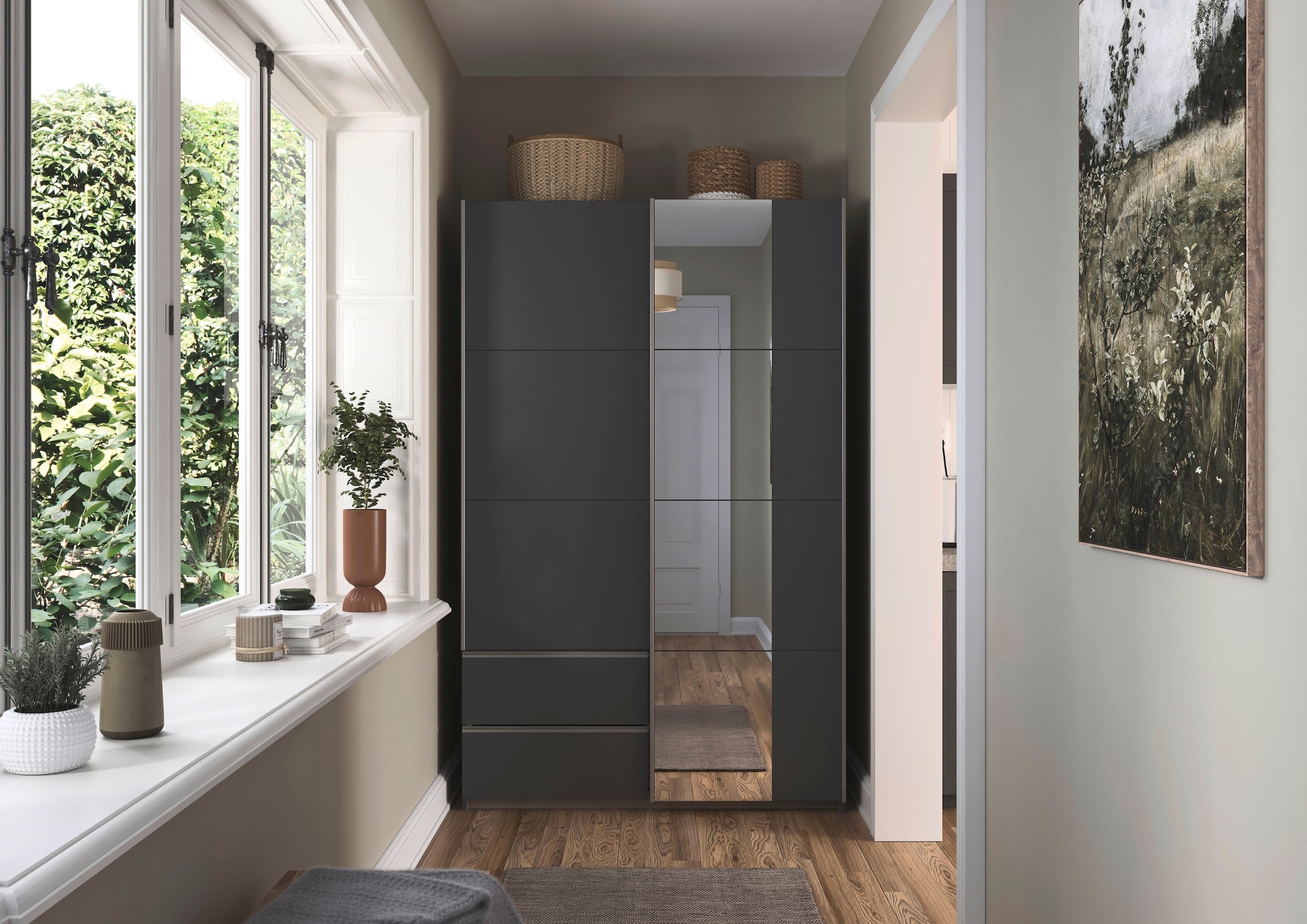 rauch Schwebetürenschrank »Kleiderschrank Schrank Garderobe Wäscheschrank SEVILLA mit Spiegel«, (in 3 verschiedenen Ausstattungen BASIC/CLASSIC/PREMIUM), Metall-Griffleisten alufarben oder Graumetallic MADE IN GERMANY