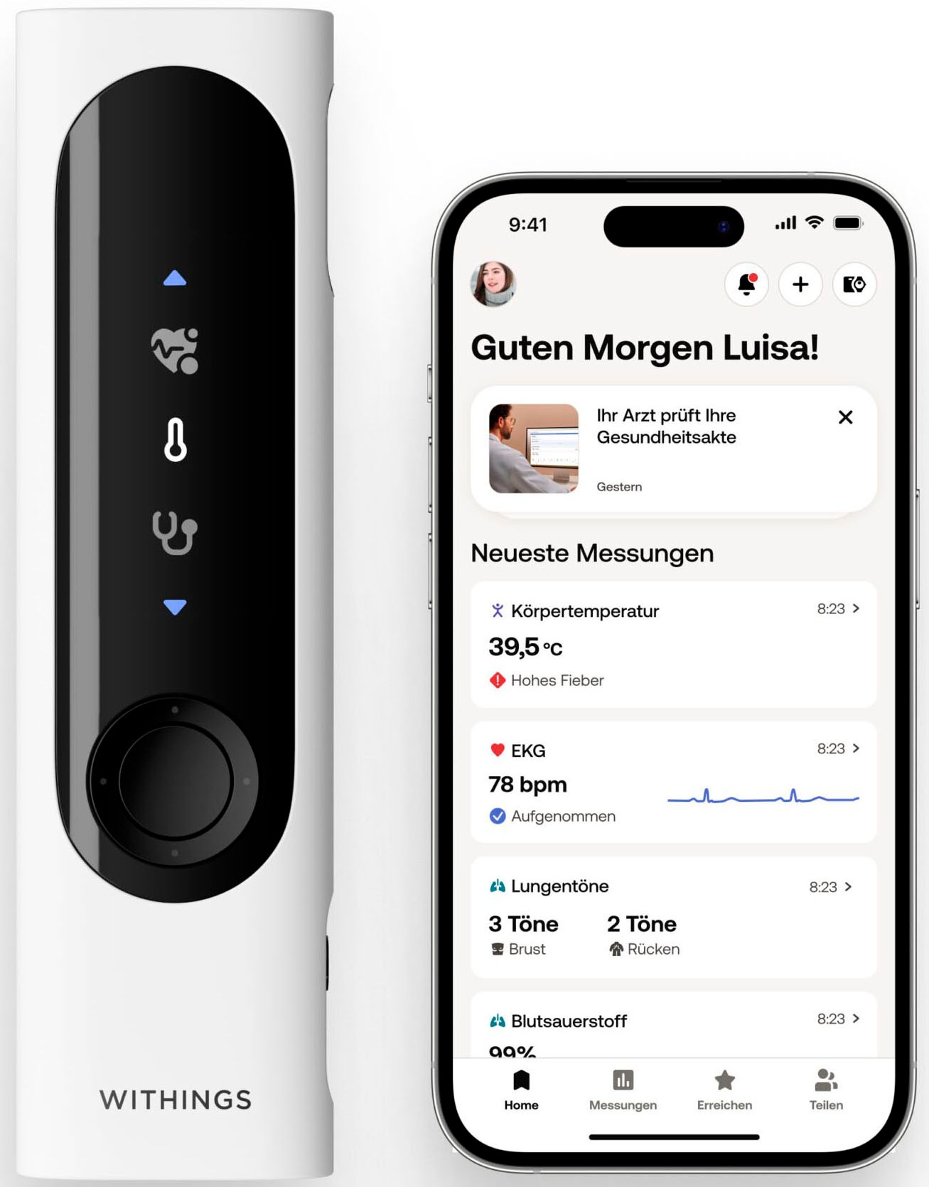Withings Fieberthermometer »»BeamO 4-in-1« Gesundheits-MultiScan mit EKG-Aufzeichnung«, Herz- & Lungenauskultation, Sauerstoffsättiungs- & Temperaturmessung
