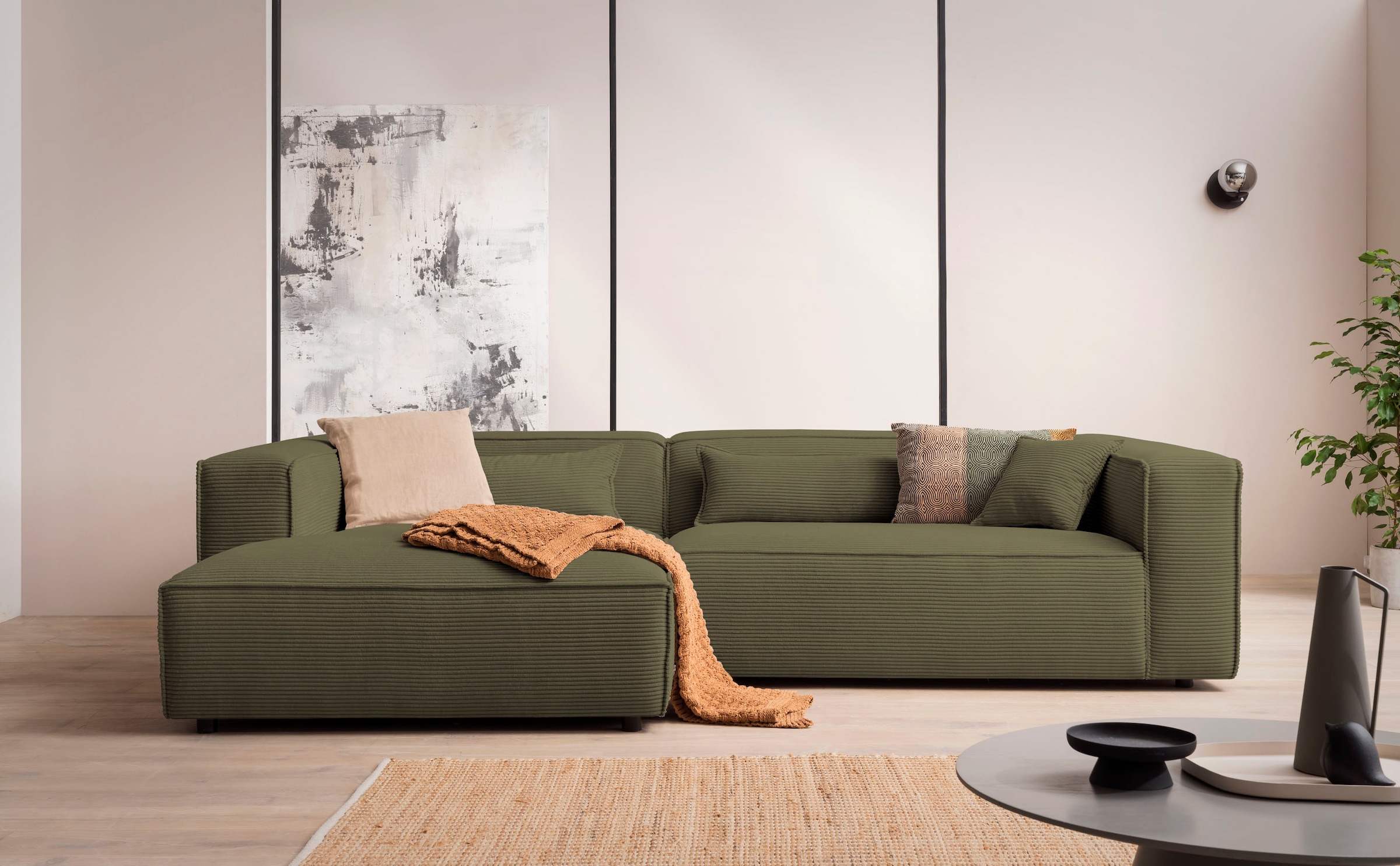 LeGer Home by Lena Gercke Ecksofa »PIARA XXL, Big-Sofa in Cord oder Leinenoptik, L-Form, mit Kedernaht«, wahlweise Ottomane rechts/links, schwarze Füße, extra tiefe Sitzfläche