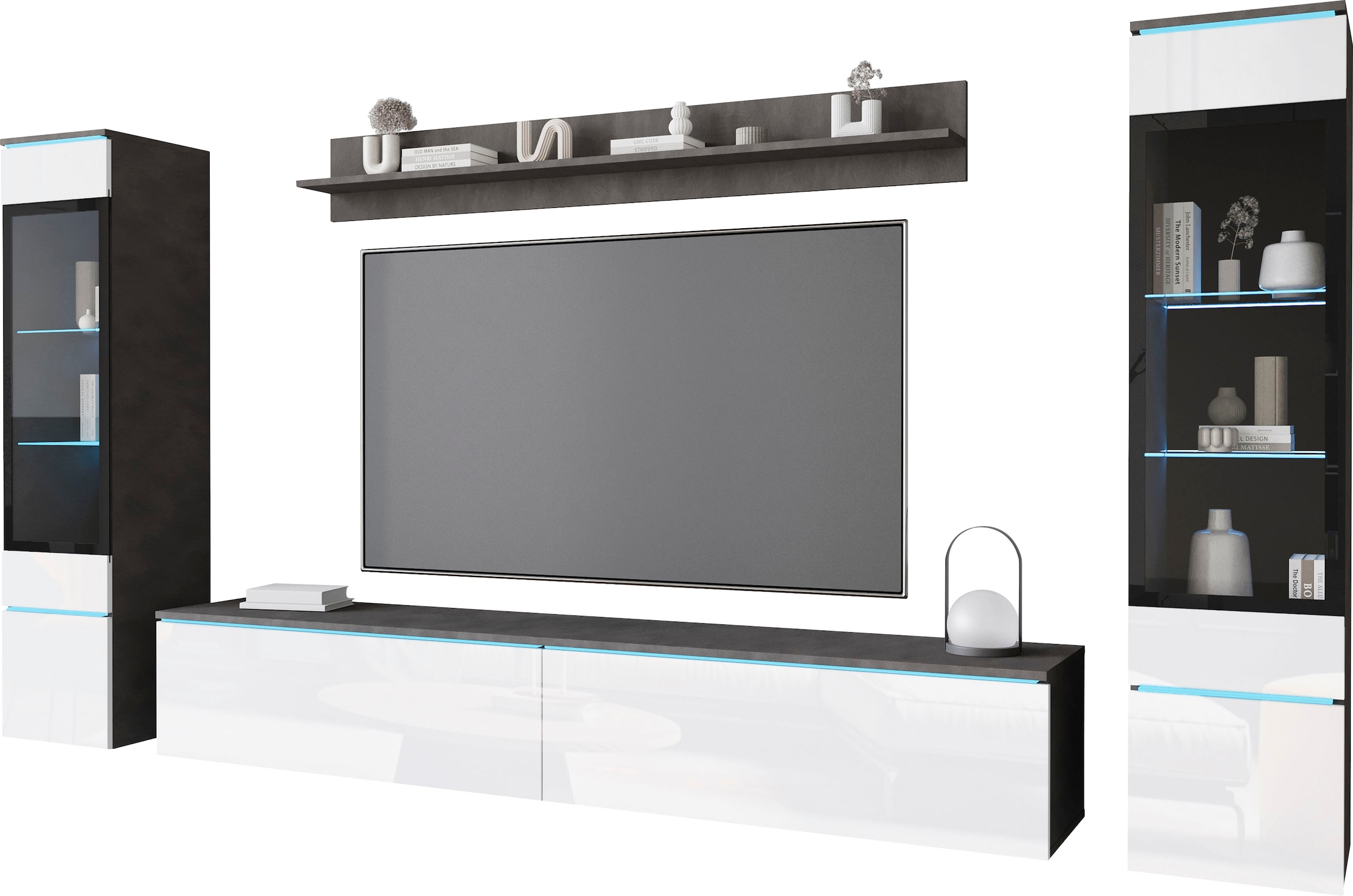 INOSIGN Wohnwand »VERA II, Vitrinen Türanschlag wechselbar«, (Komplett-Set, 4 St.), Mediawand 260 cm, Vitrine mit Verglasung, stehend und hängend
