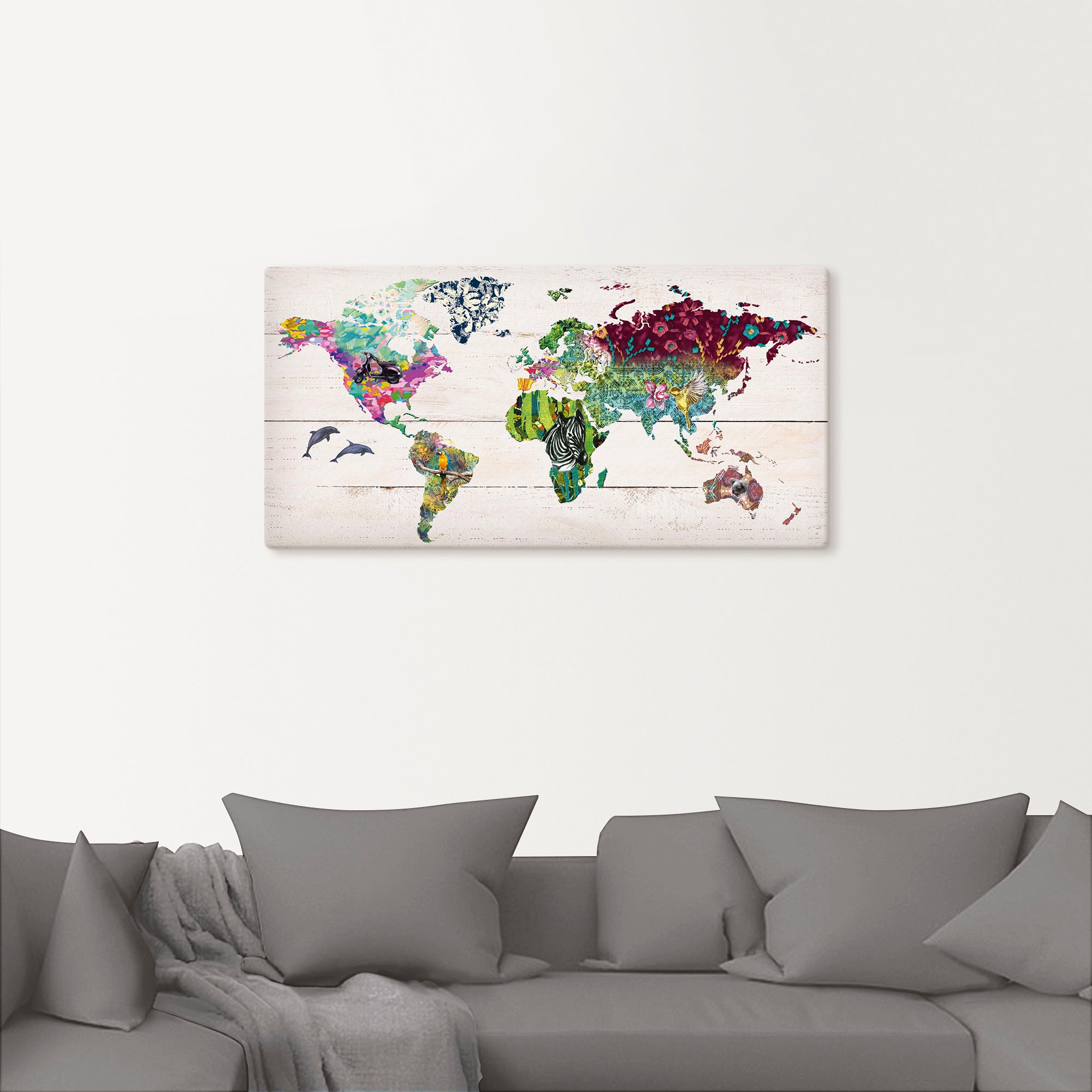 Artland Wandbild »Bunte Welt auf hölzernem Untergrund«, Landkarten, (1 St.) günstig online kaufen