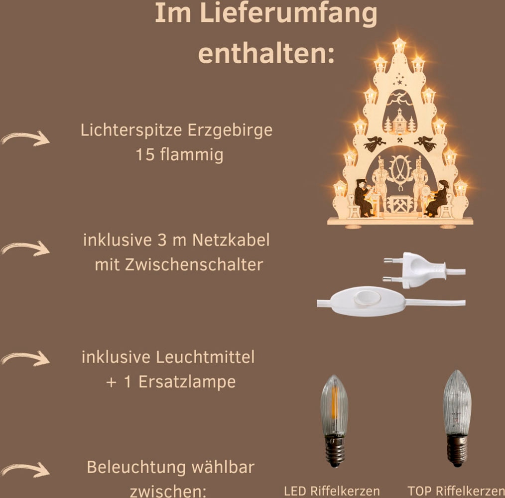 Weigla LED Schwibbogen »Erzgebirge, große Lichterspitze, Bergmann NATUR-BRAUN, Made in Germany« 1 Stk. Erzgebirge garantiert, Weihnachtsdeko Innen, Weihnachtsbeleuchtung