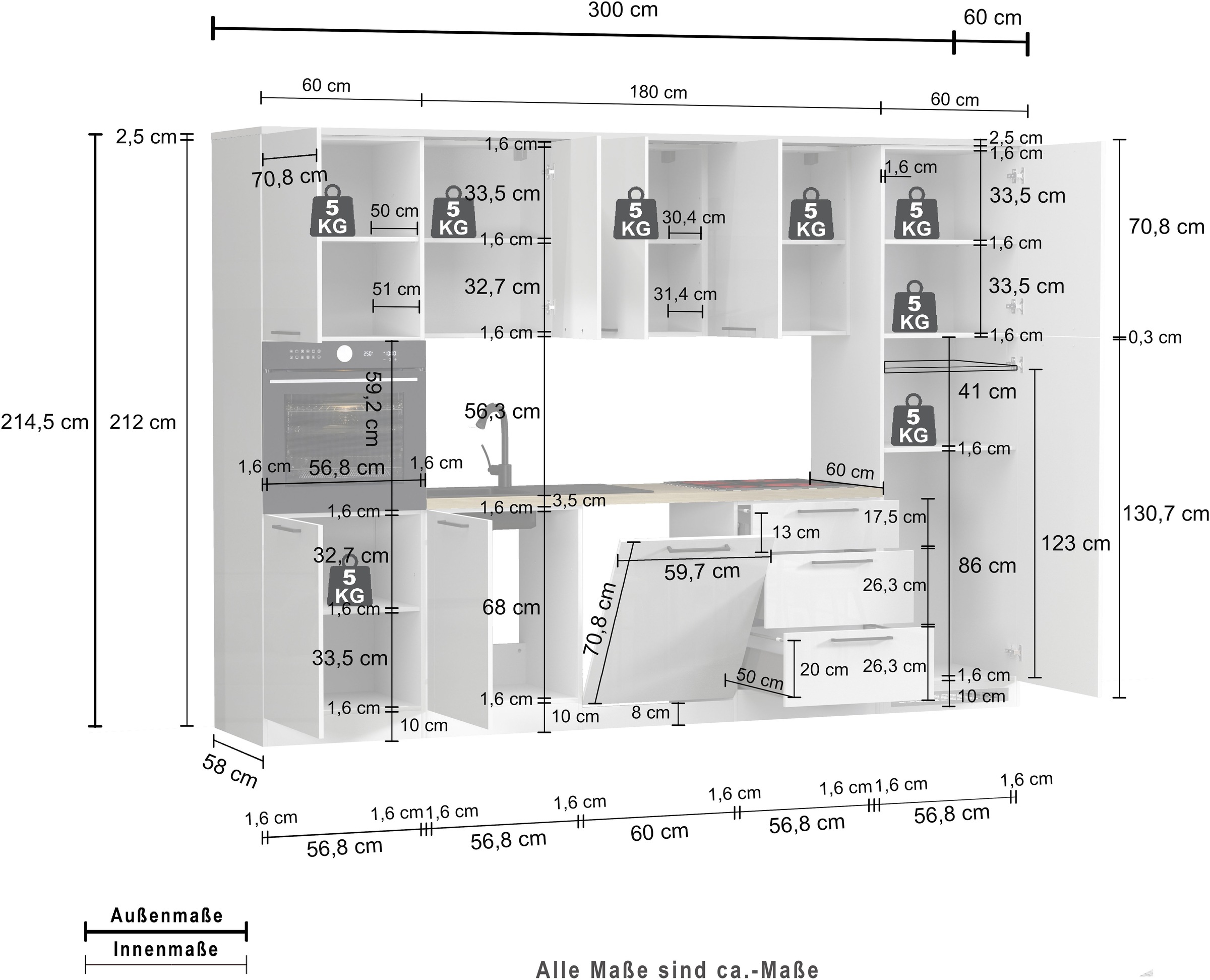 KOCHSTATION Küchenzeile »KS-Luna, Einbauküche, Zeilenküche, Küchenblock« Breite 300 cm, wahlweise mit Hanseatic-E-Geräten