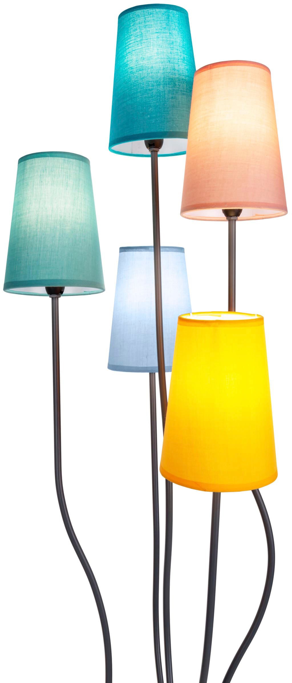 näve Stehlampe »Colora«, 5 flammig, Leuchtmittel E14 | ohne Leuchtmittel, 5flg., E14. Textilschirme je 1x gelb, rose, blau, türkis, oliv