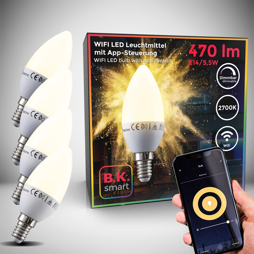 B.K.Licht LED-Leuchtmittel, E14, 4 St., Warmweiß