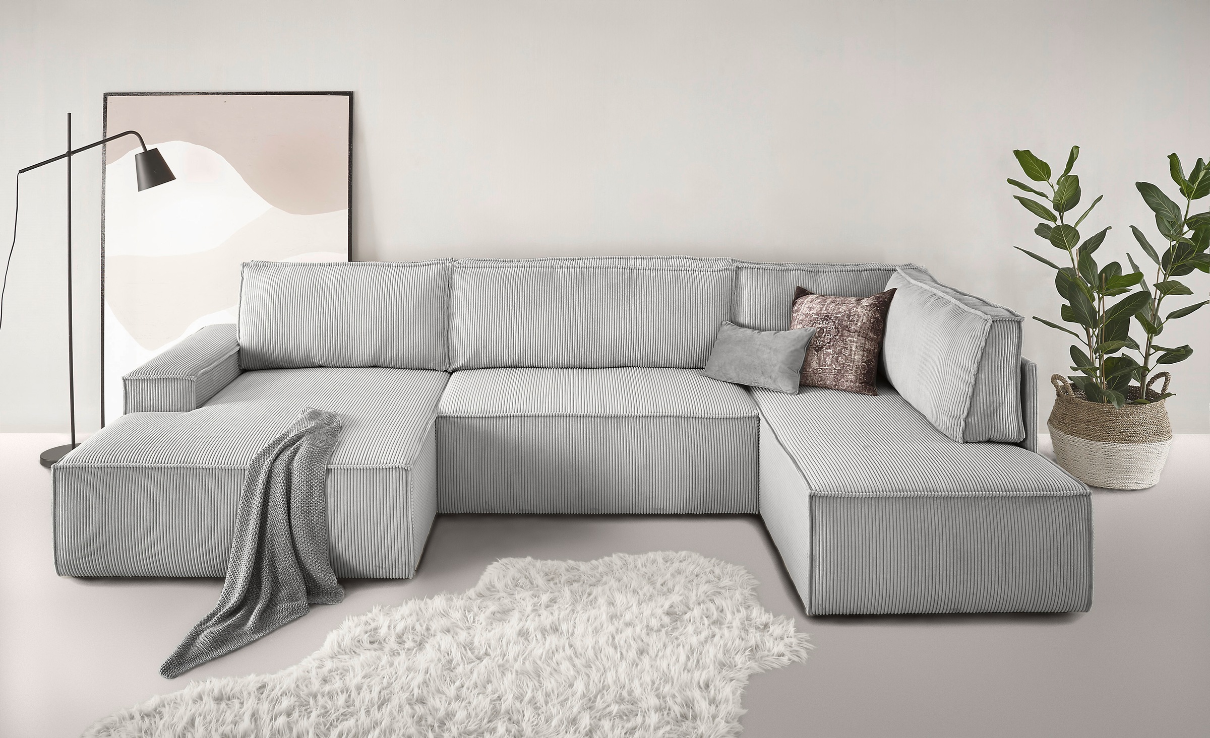 Home affaire Wohnlandschaft »SHERWOOD 329 cm, U-Form, Schlafsofa,«, Schlaffunktion m. Bettkasten (194x139 cm), Cord, Vintage, Samtvelours