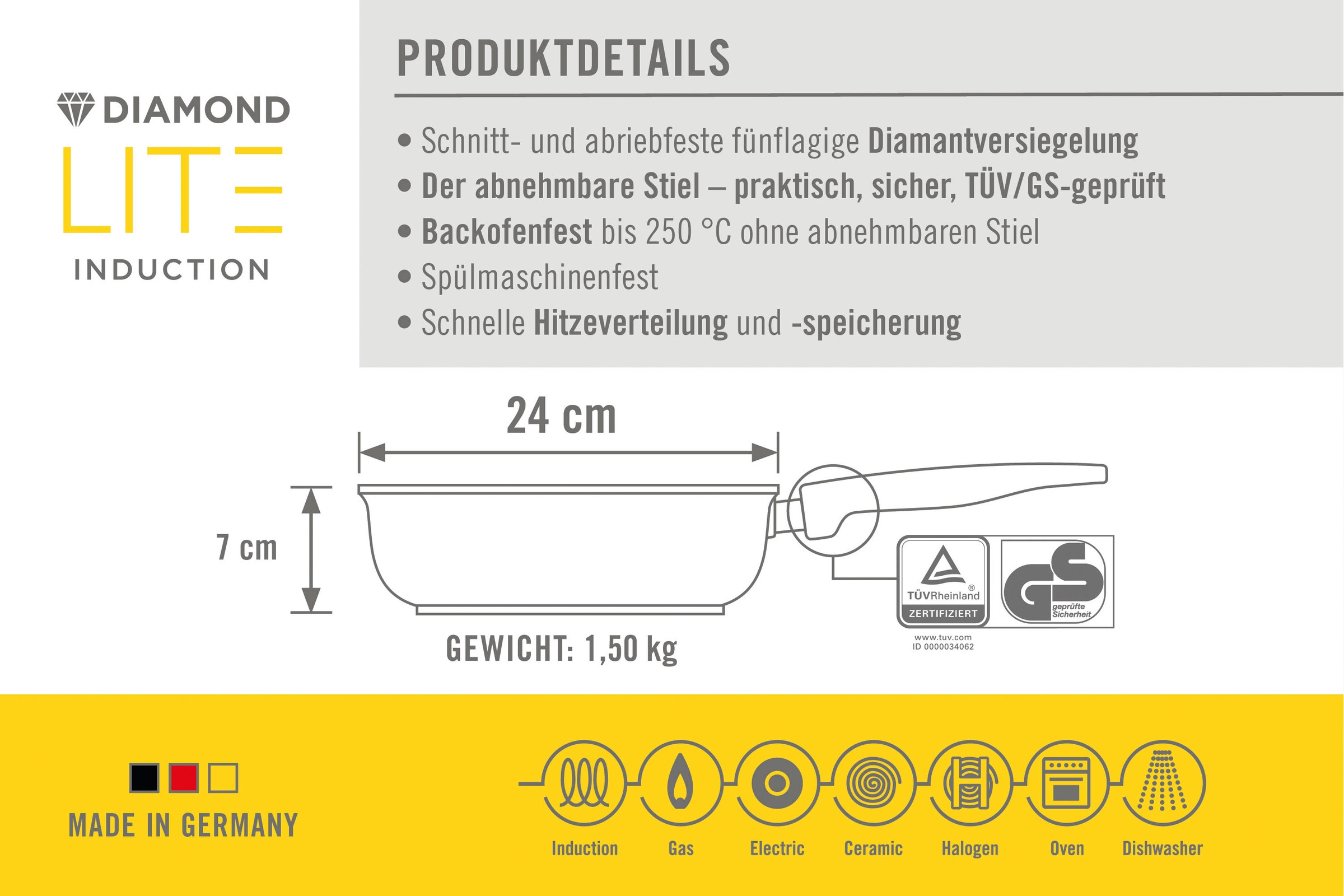 WOLL MADE IN GERMANY Schmorpfanne »Diamond Lite«, Aluminium, (Set, 3 tlg.), Induktion, inkl. Pfannenwender, abnehmbarer Stiel, Made in Germany
