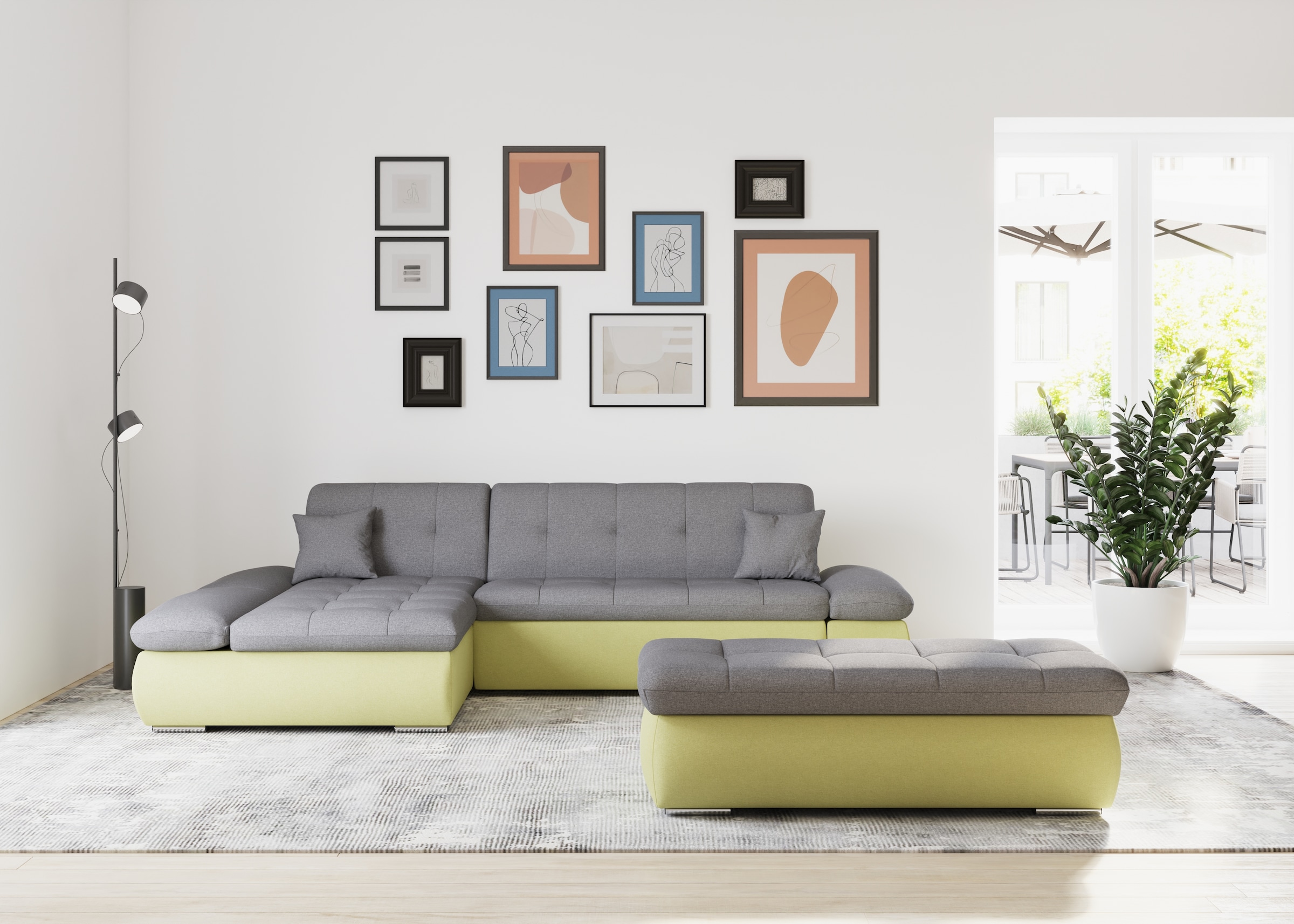 DOMO collection Ecksofa »Moric, L-Form, XXL-Sofa - Breite 300cm«, wahlweise mit Bettfunktion und Armteilverstellung, gelb-schlamm