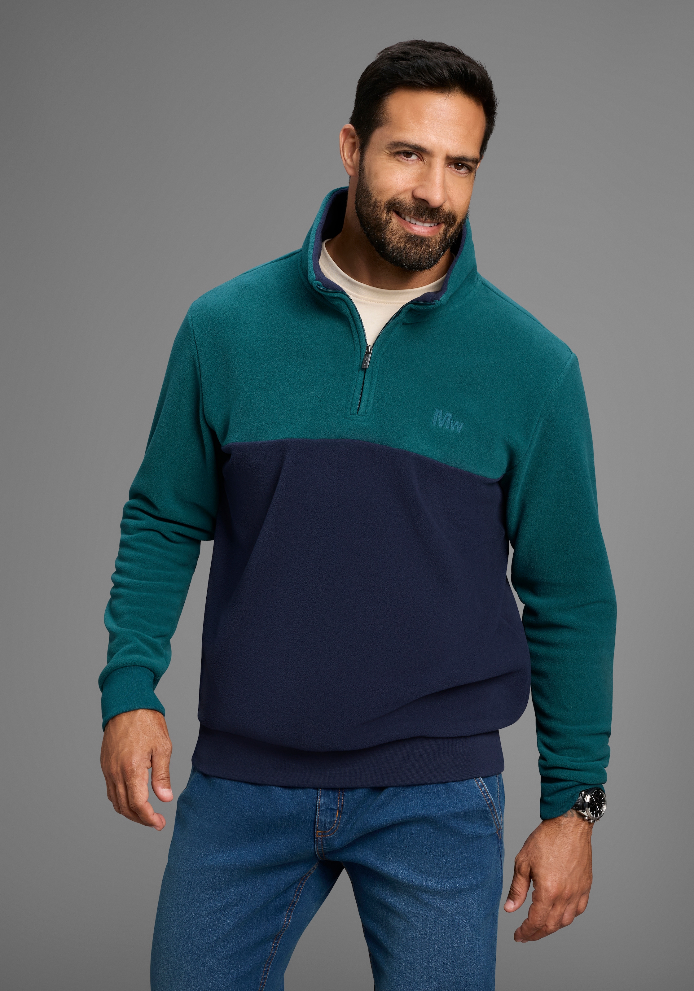 Man's World Fleecepullover, Troyer mit Kontrast-Part, ideal für den Übergang