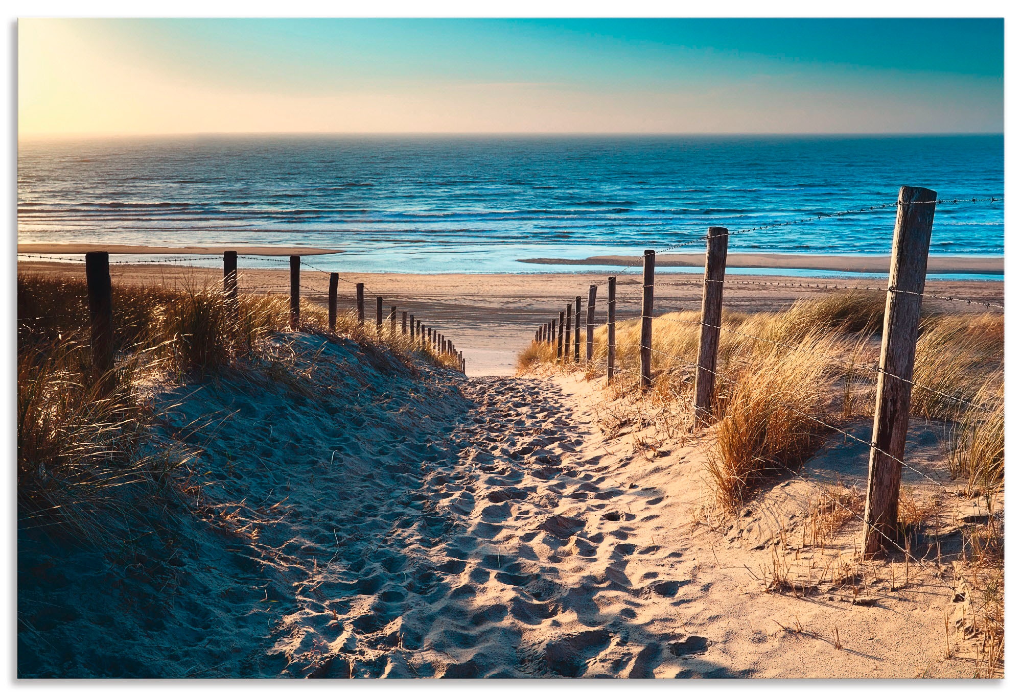 Artland Wandbild »Weg zum Nordseestrand bestellen Strand, Wandaufkleber St.), in (1 Poster Raten Größen als oder Alubild, Leinwandbild, auf Sonnenuntergang«, versch