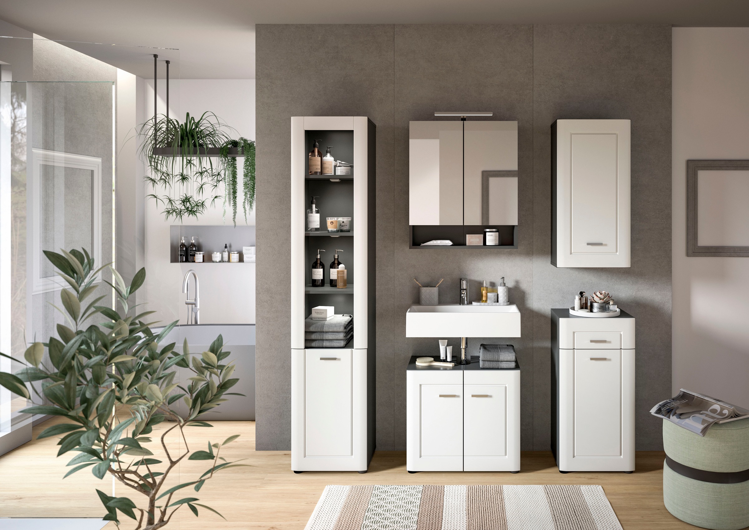 INOSIGN Badmöbel-Set »Jarvi, 4 teilig, bestehend aus:«, (Set, 4 St.), Waschbeckenunterschrank, Spiegel, Unterschrank, Hängeschrank