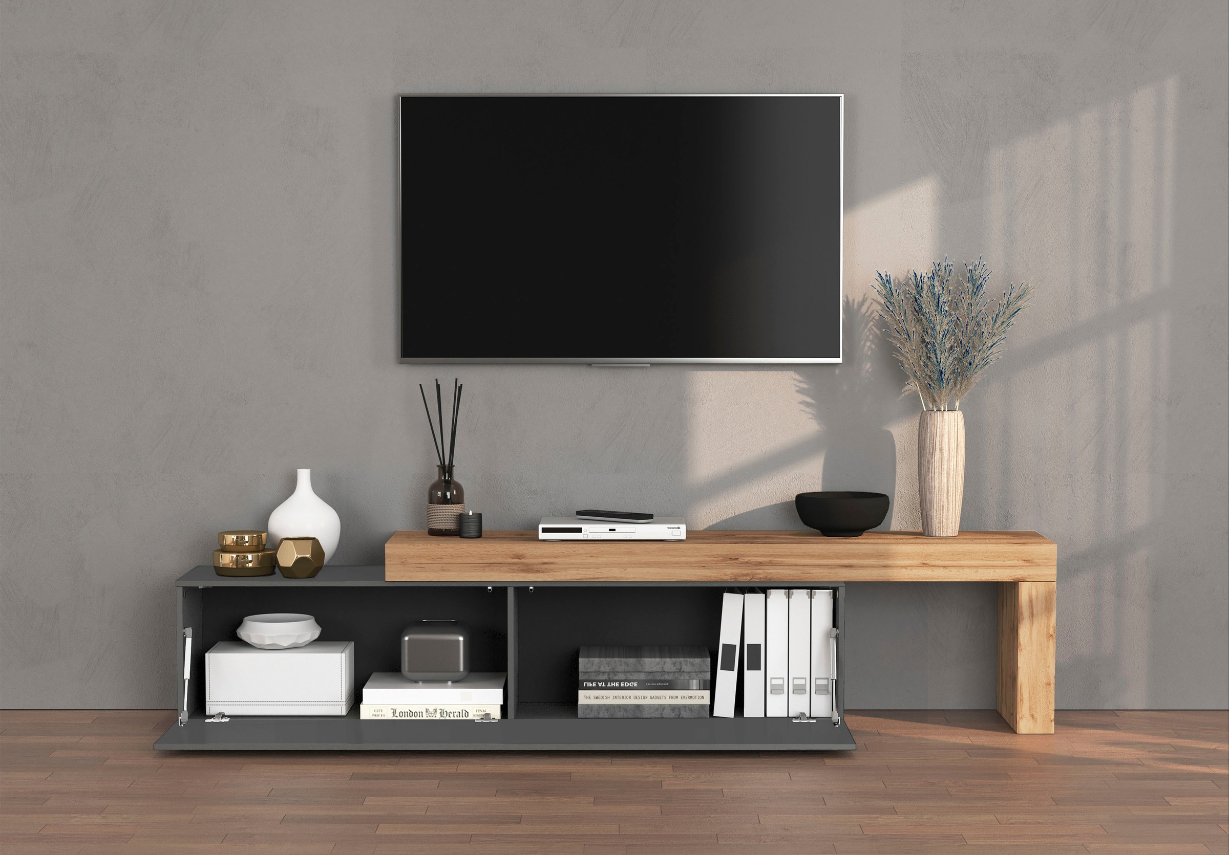 INOSIGN Lowboard »Chronos TV-Board, TV-Schrank«, (1 St., Breite verstellbar von 190 bis 350 cm), Breite 270 cm TV-Board,Lowboard,1 Klappe und ein L-Förmiger Aufsatz