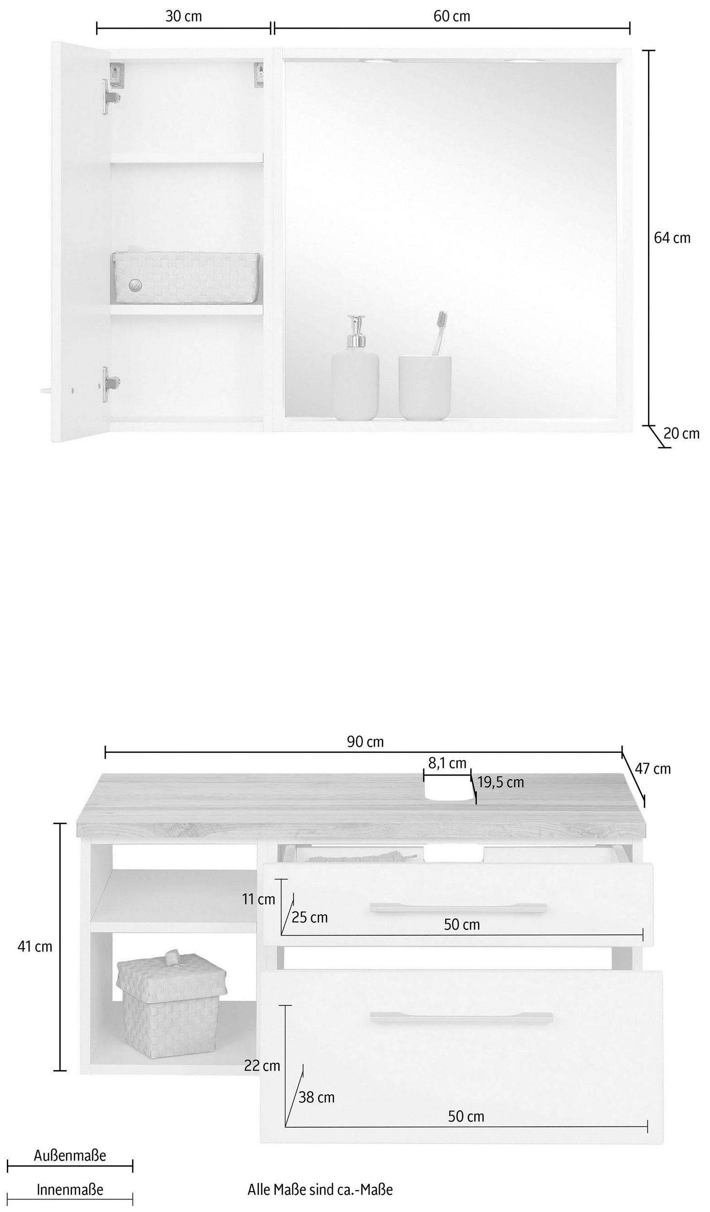 HELD MÖBEL Badmöbel-Set »Davos«, (3 St.), inklusive Beleuchtung, Hängeschrank und Waschbeckenunterschrank