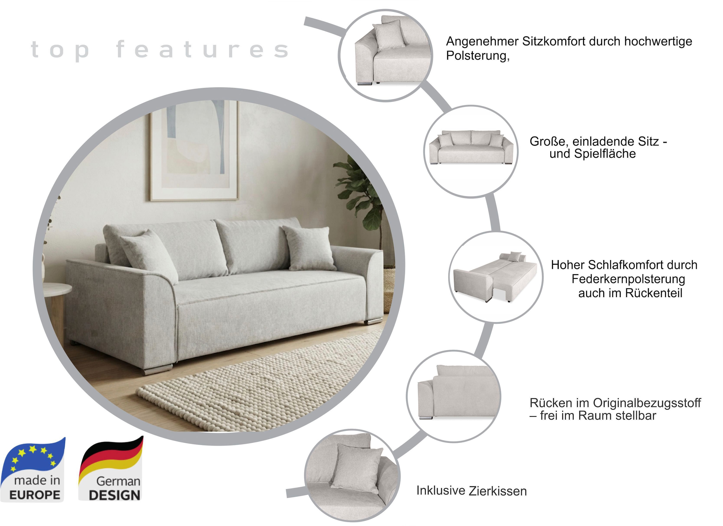 COLLECTION AB Schlafsofa »Sara B: 241 cm, Liegefl. 137x195 cm, Bettkasten, optional mit Topper« Schlaffunktion, Couch mit Bonnellfederkern, Gästebettfunktion
