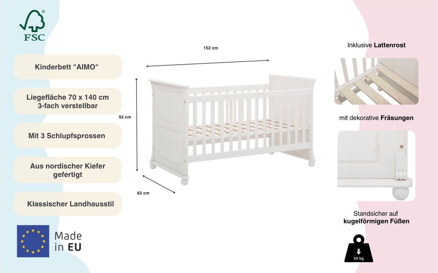 Lüttenhütt Babybett »Aimo. Landhausstil, mit Kassetten, stabile und hochwertige Qualität« aus Massivholz (Kiefer); FSC®-Holz zertifiziert