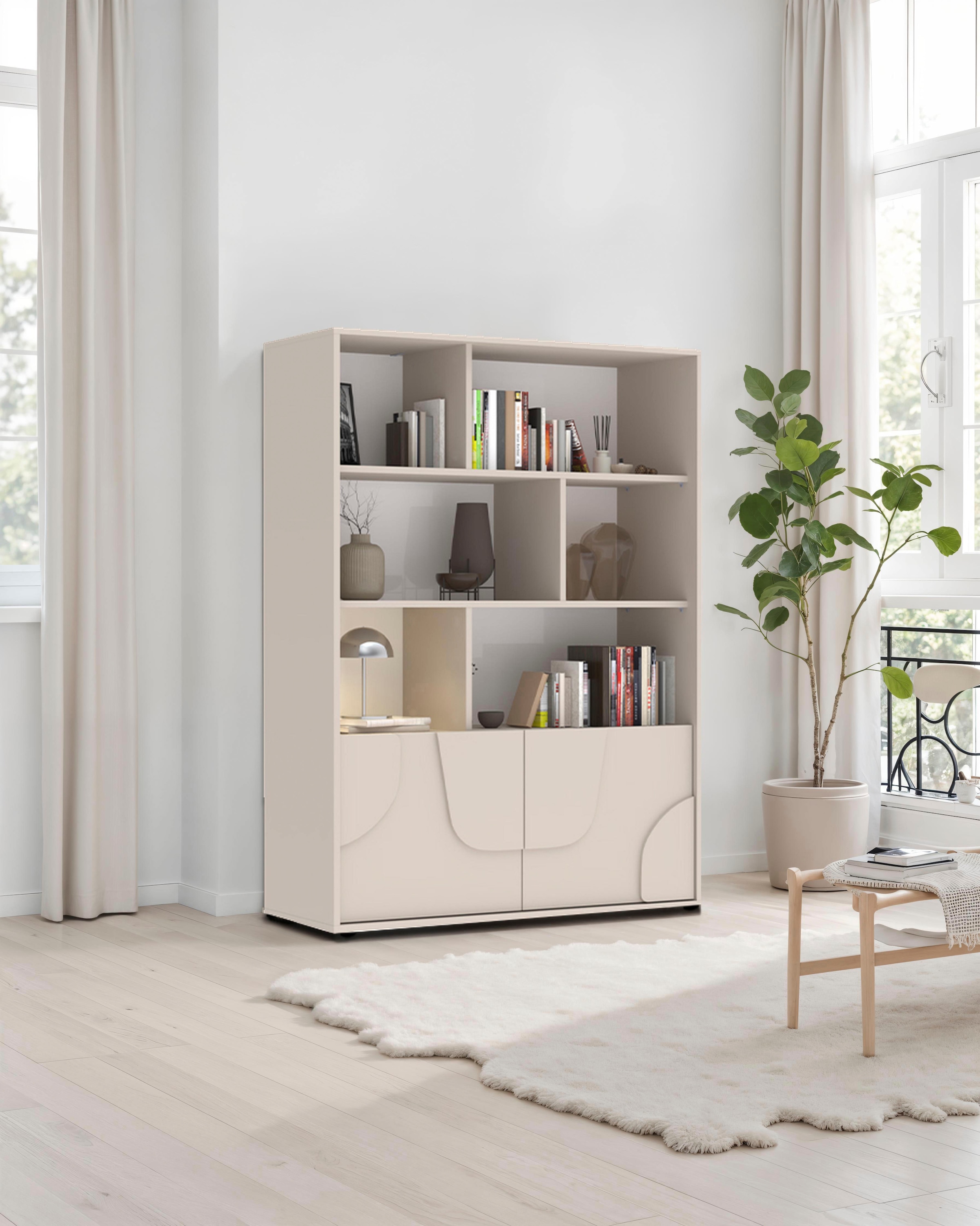 INOSIGN Highboard »Stone, H 155/141, B 105 cm, 2 Türen, 6 offene Fächer, Regal-Schrank« 3D-Design, Push-to-open, Stauraum dekorativ & praktisch, Füße wählbar